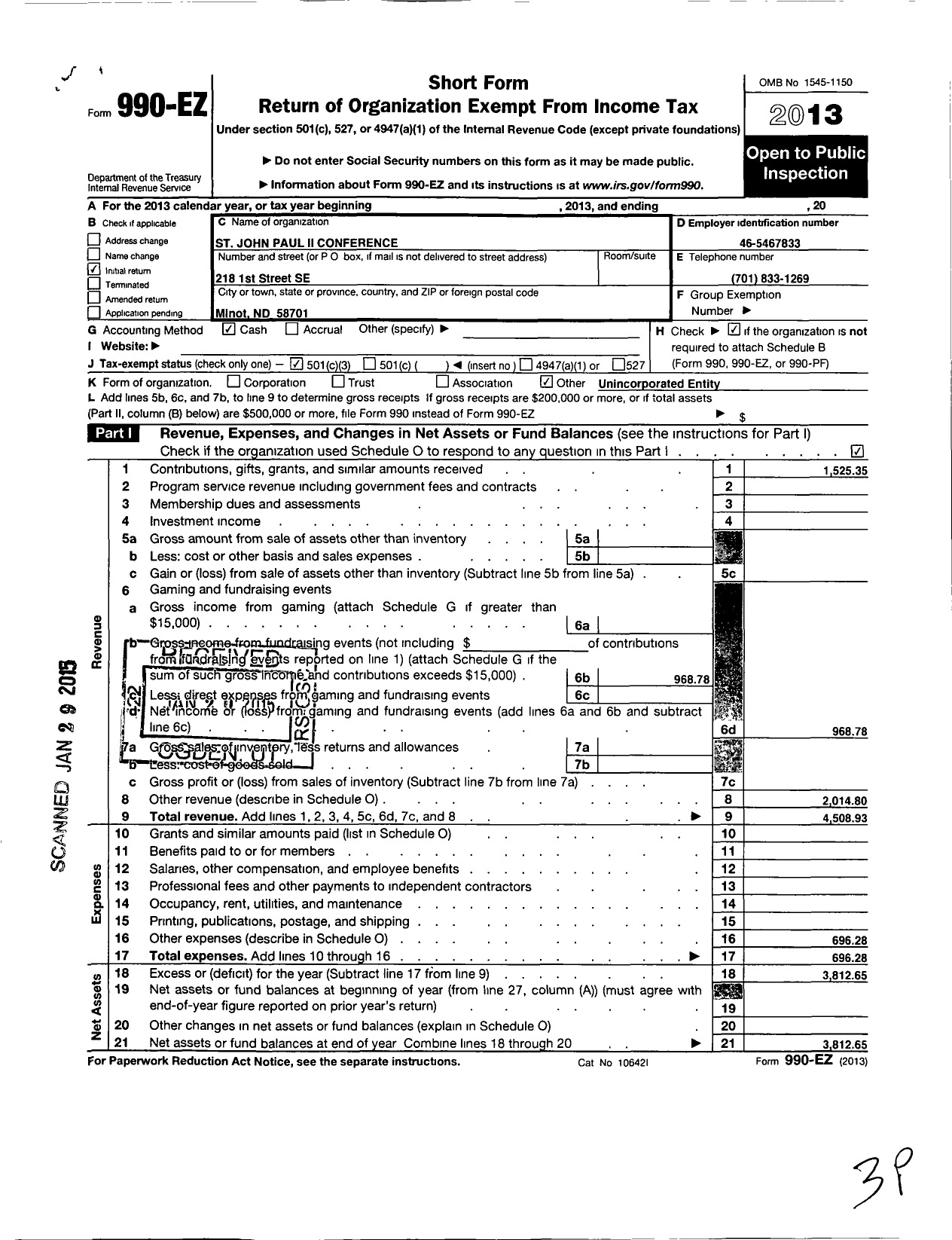 Image of first page of 2013 Form 990EZ for St John Paul Ii Conference