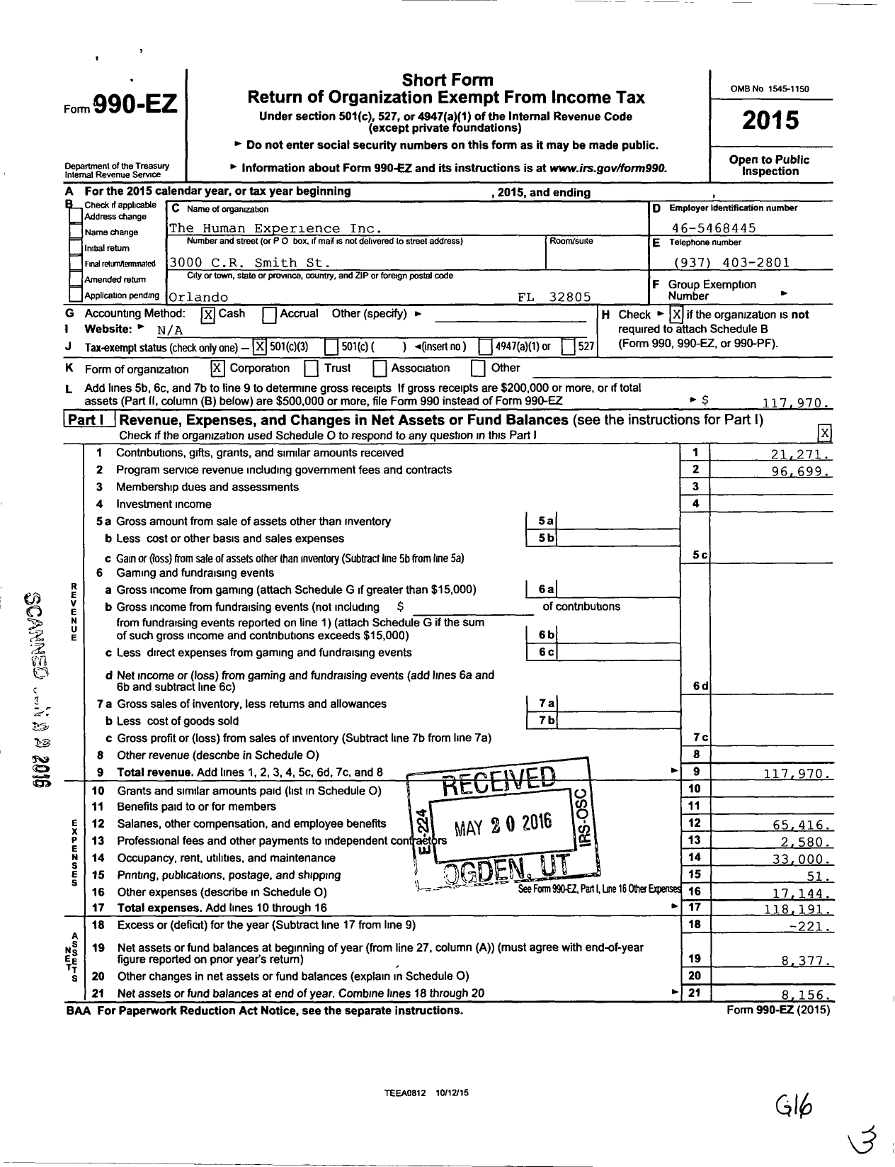 Image of first page of 2015 Form 990EZ for The Human Experience