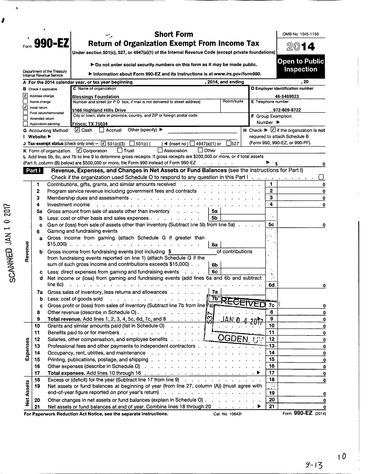 Image of first page of 2014 Form 990EZ for Blessings Foundation