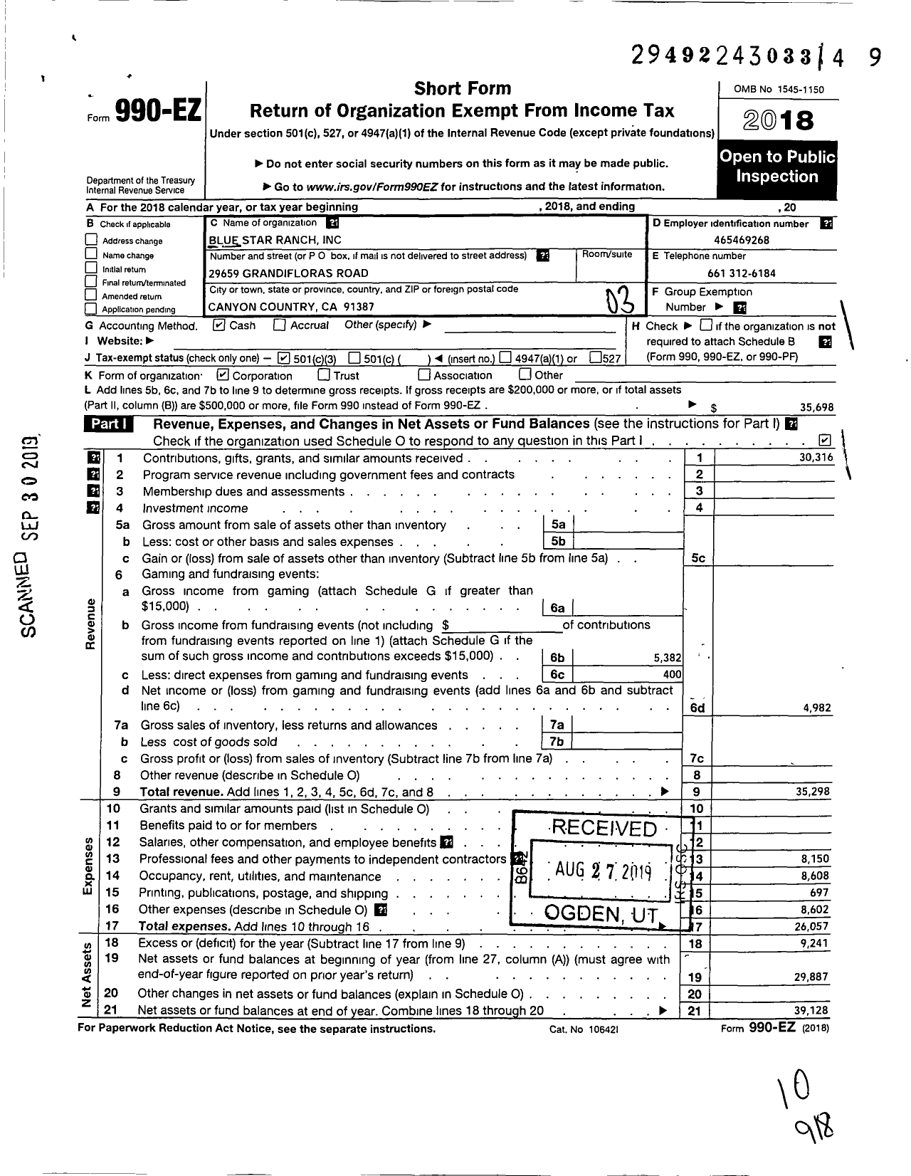 Image of first page of 2018 Form 990EZ for Blue Star Ranch