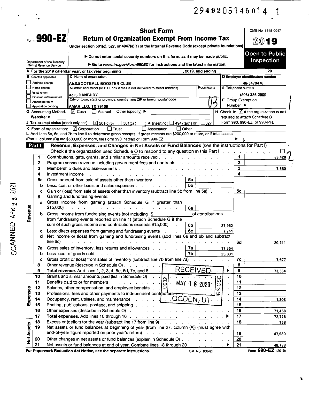 Image of first page of 2019 Form 990EZ for Ahs Football Booster Club