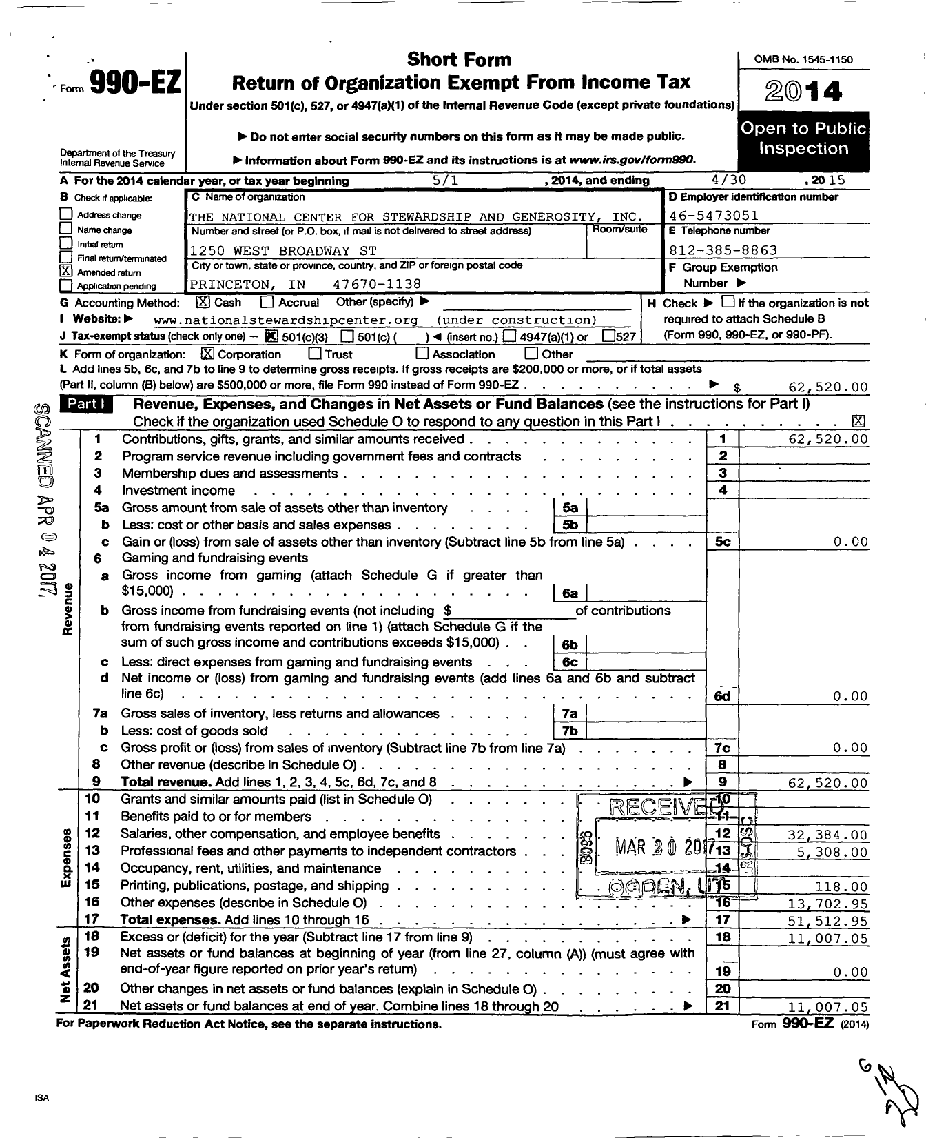 Image of first page of 2014 Form 990EZ for The National Center for Stewardship and Generosity