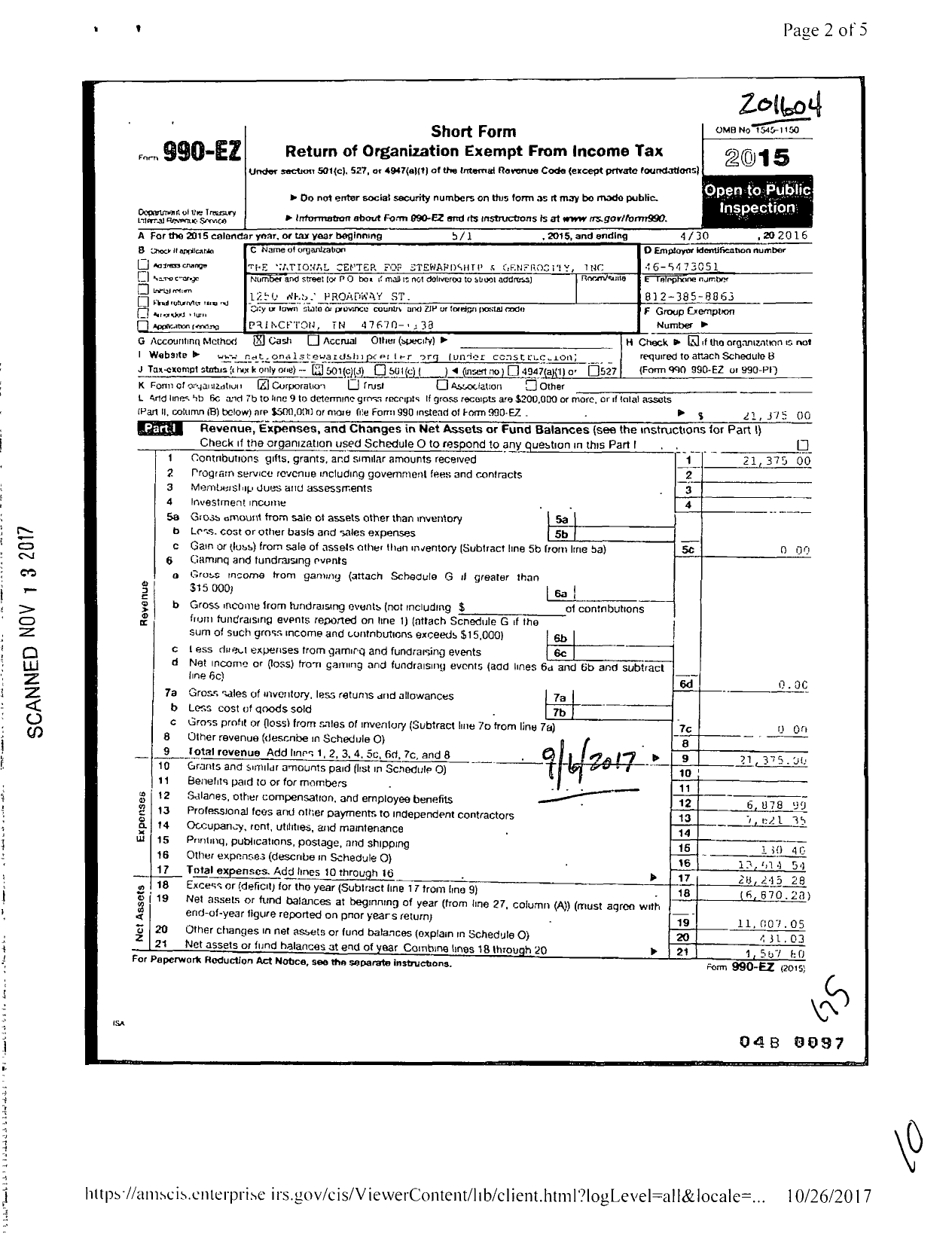 Image of first page of 2015 Form 990EZ for The National Center for Stewardship and Generosity