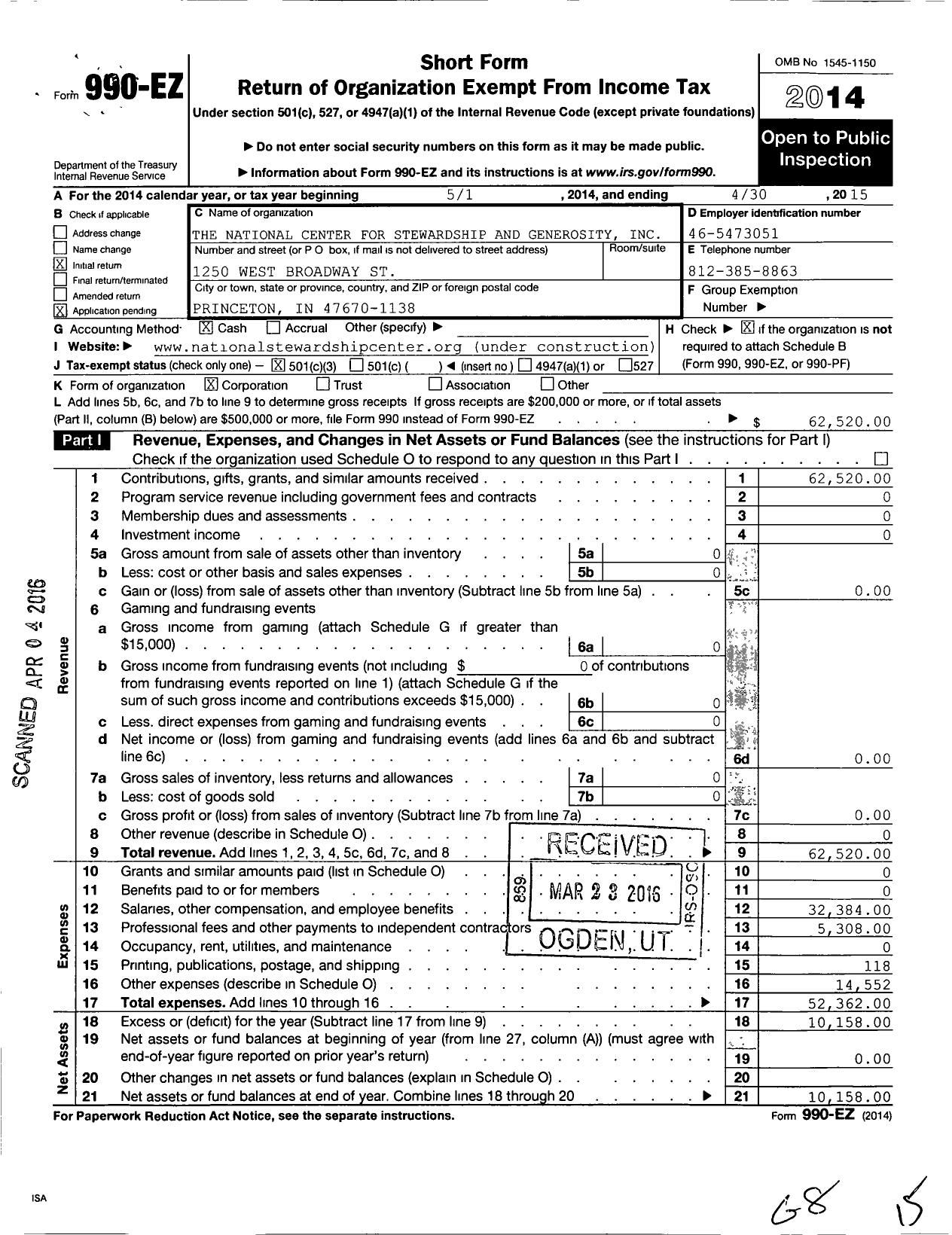 Image of first page of 2014 Form 990EZ for The National Center for Stewardship and Generosity