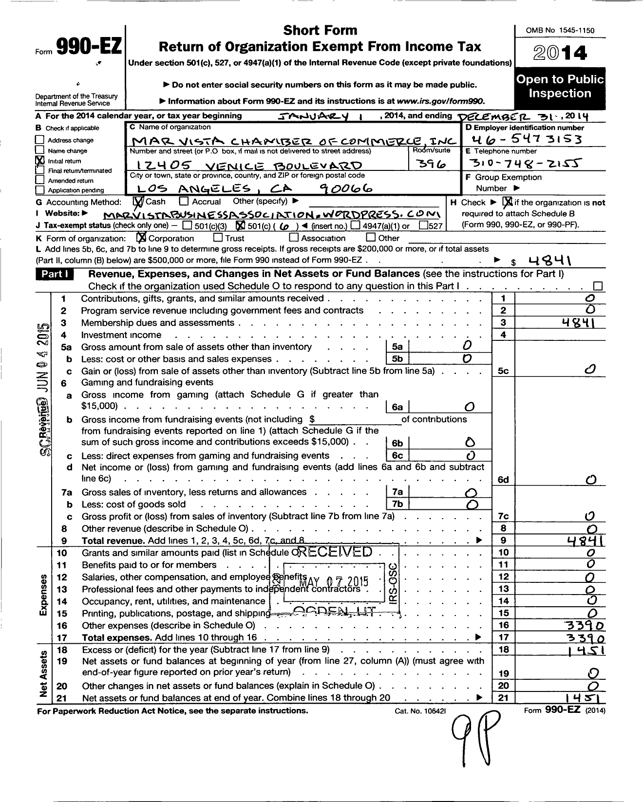 Image of first page of 2014 Form 990EO for Mar Vista Chamber of Commerce