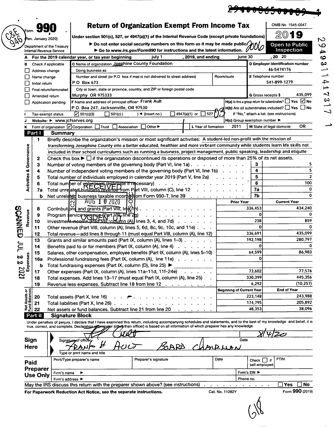 Image of first page of 2019 Form 990 for Josephine County Foundation