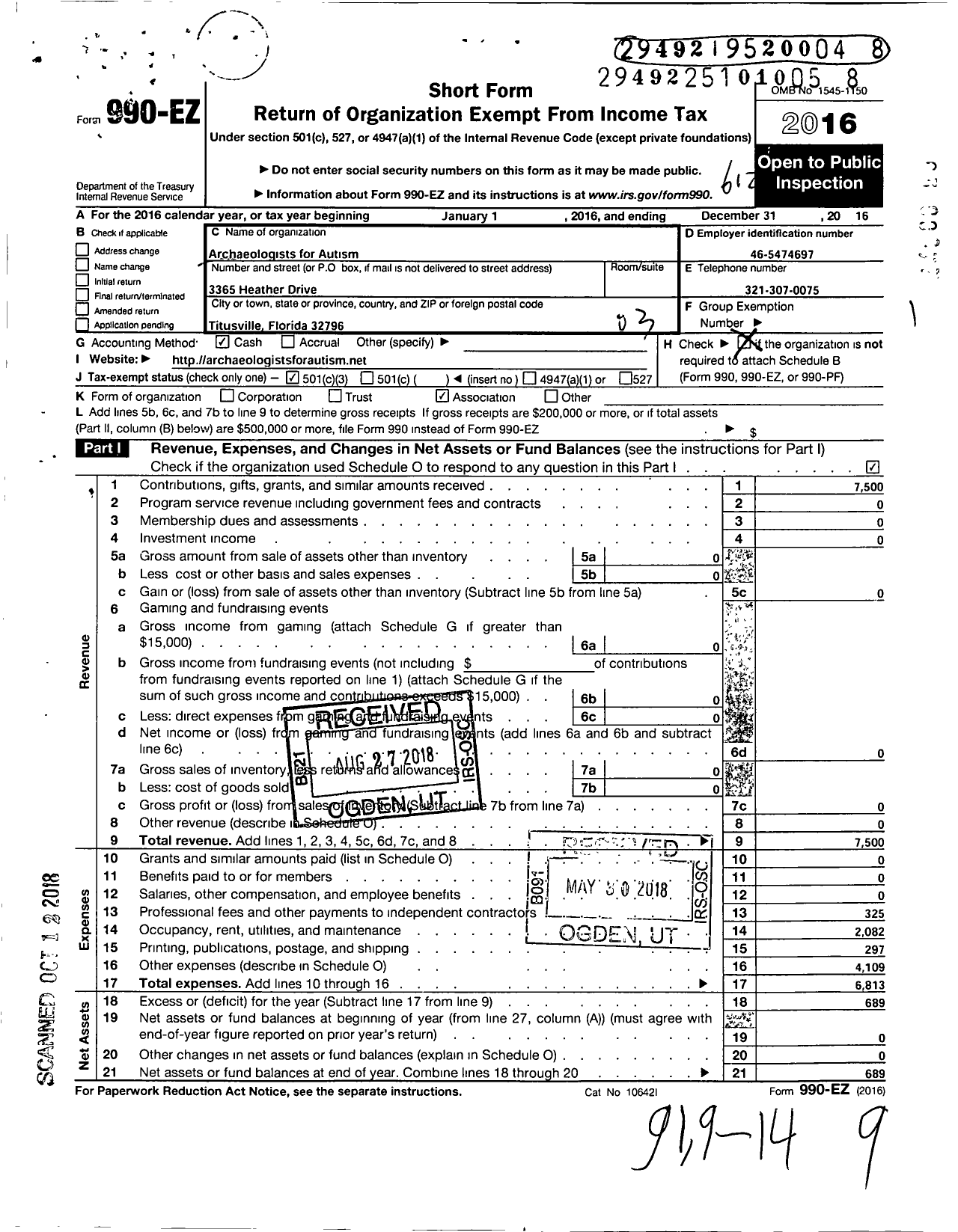 Image of first page of 2016 Form 990EZ for Archaeologists for Autism