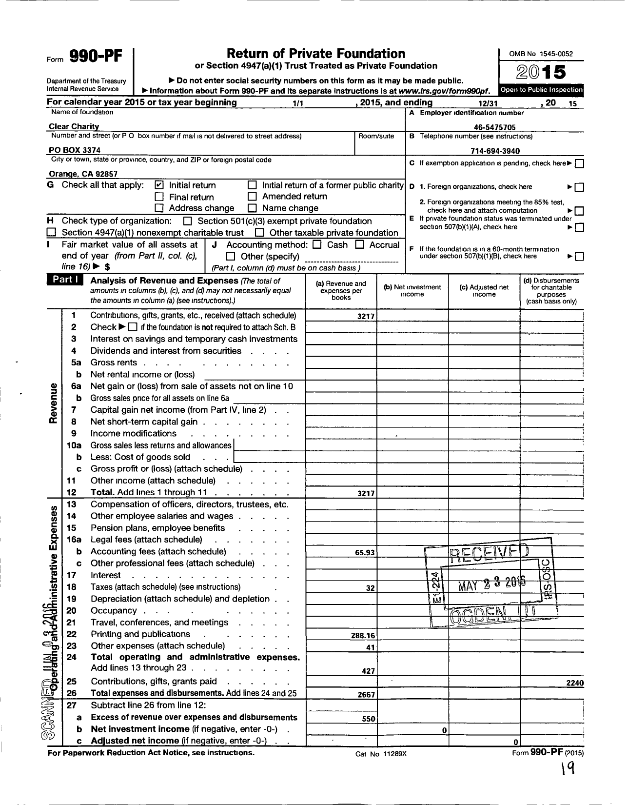 Image of first page of 2015 Form 990PF for Clear Charity