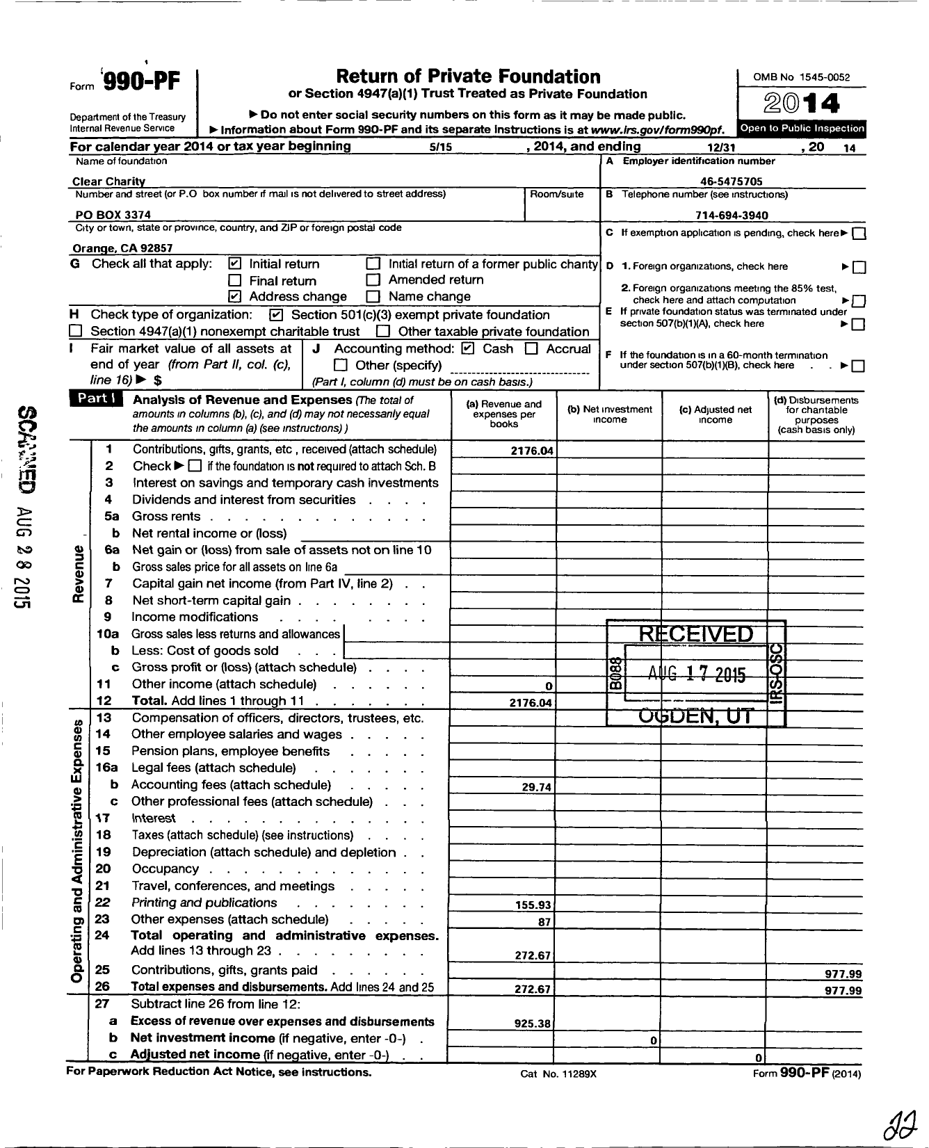 Image of first page of 2014 Form 990PF for Clear Charity