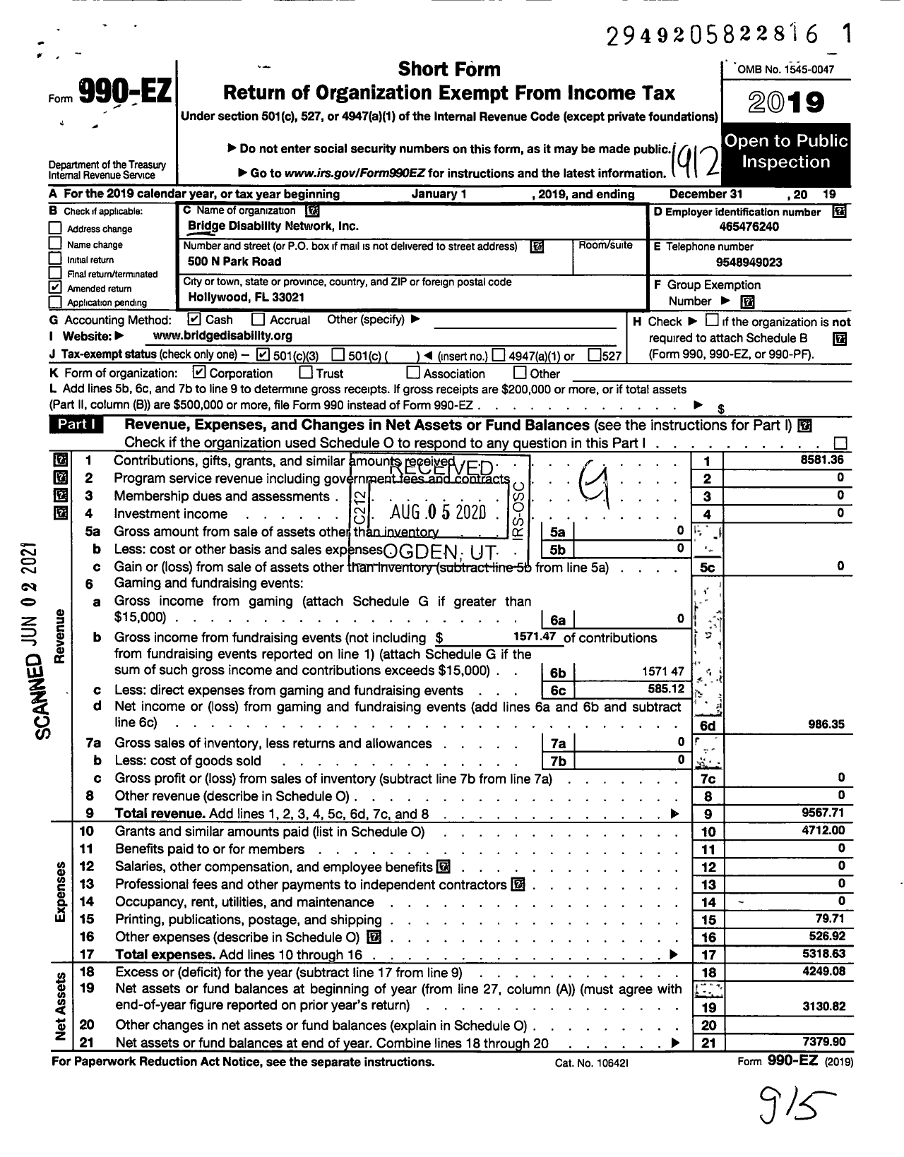 Image of first page of 2019 Form 990EZ for Bridge Disability Network