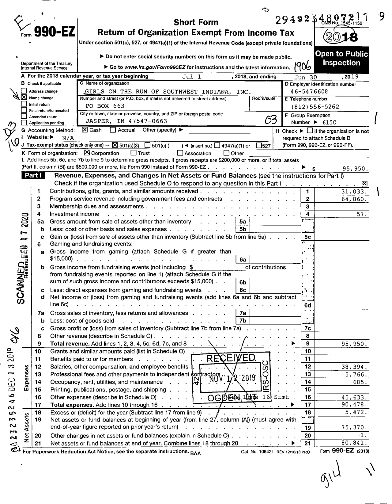 Image of first page of 2018 Form 990EZ for Girls on the Run of Southwest Indiana