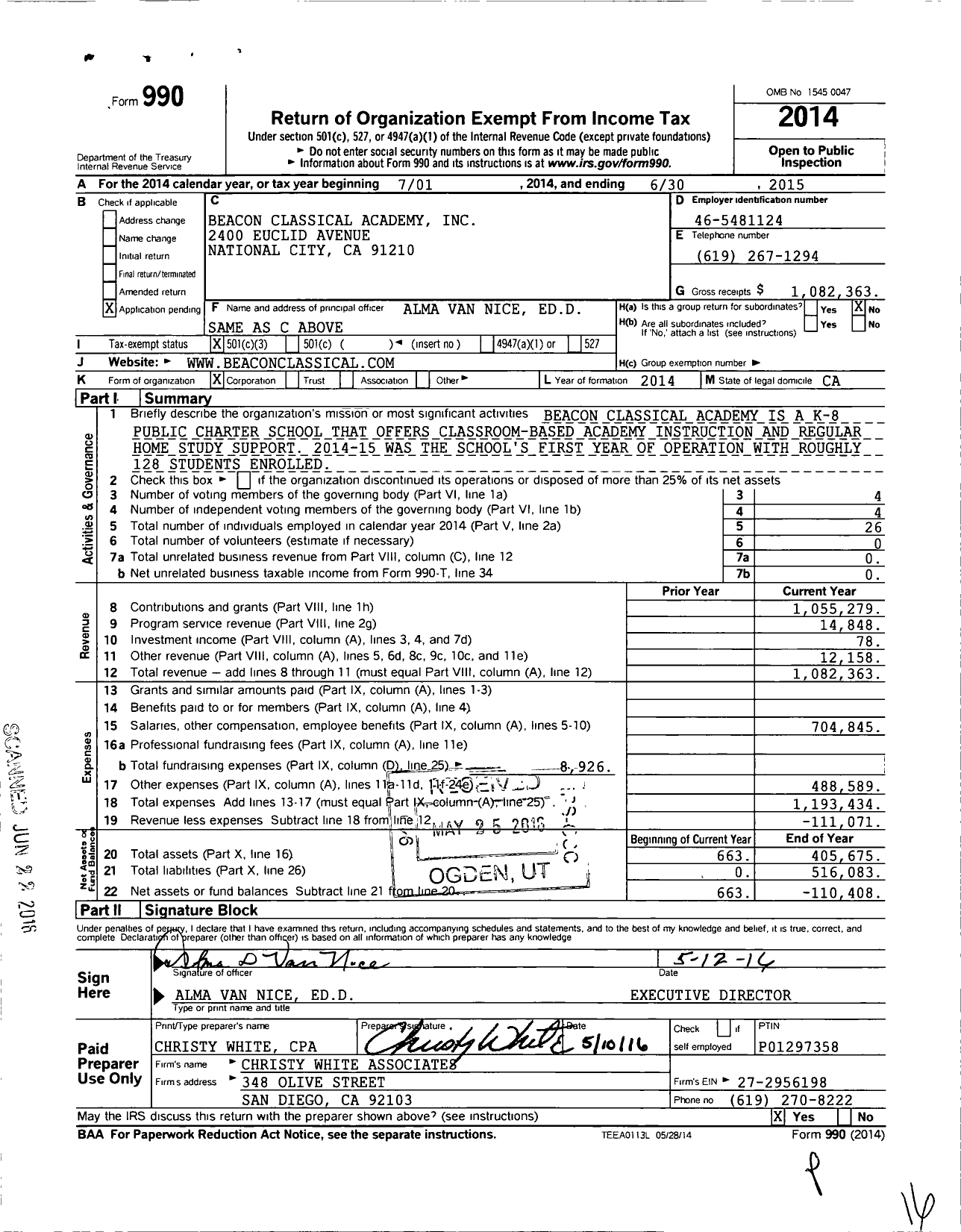 Image of first page of 2014 Form 990 for Beacon Classical Academy