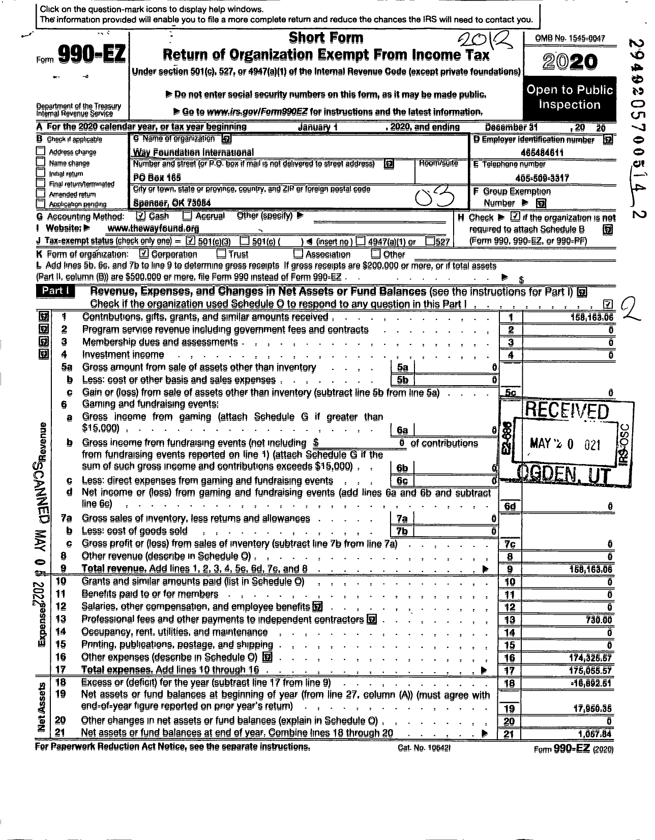 Image of first page of 2020 Form 990EZ for Way Foundation International