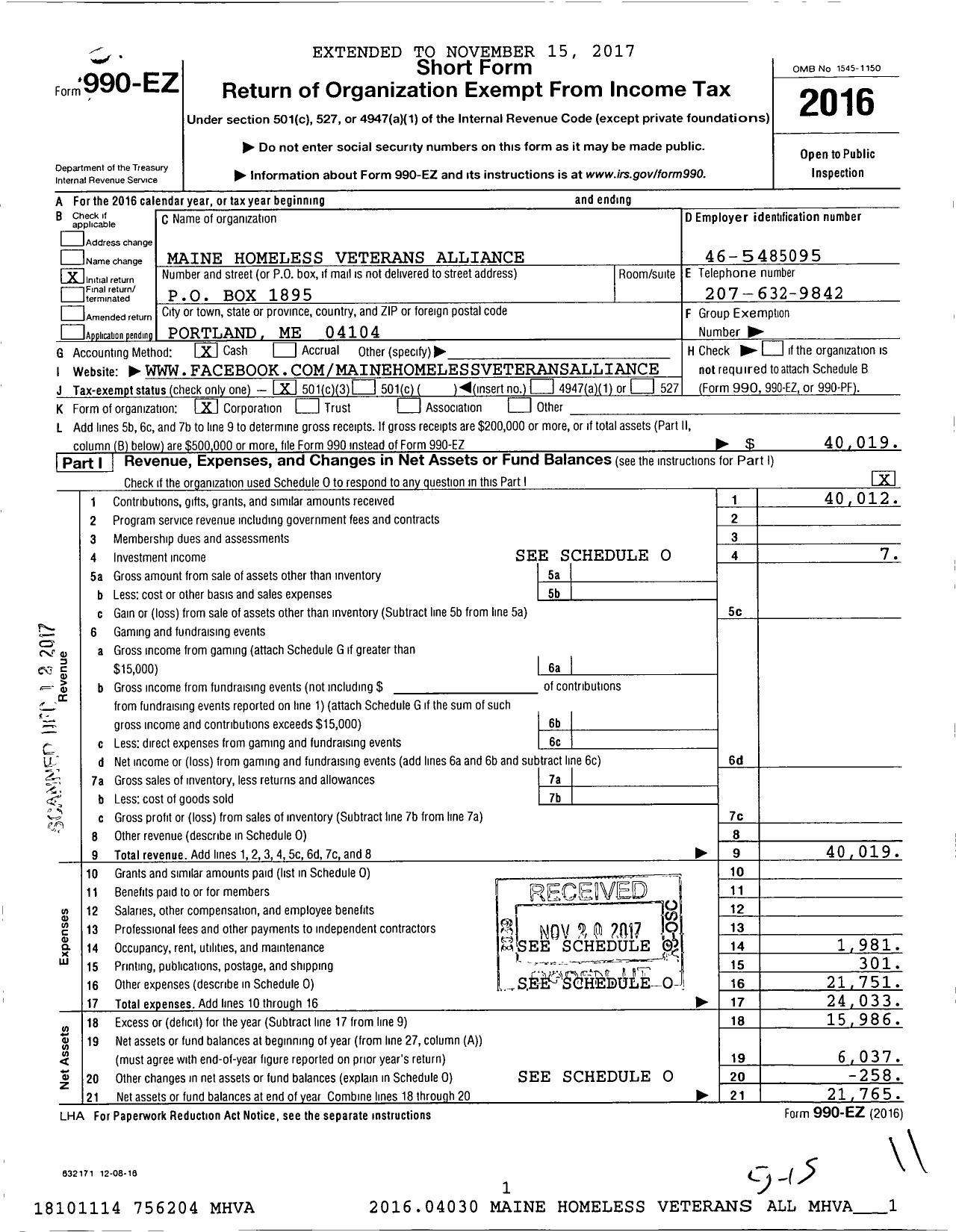 Image of first page of 2016 Form 990EZ for Maine Homeless Veterans Alliance