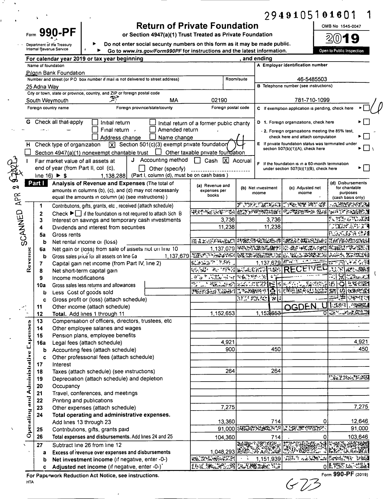 Image of first page of 2019 Form 990PF for Pilgrim Bank Foundation