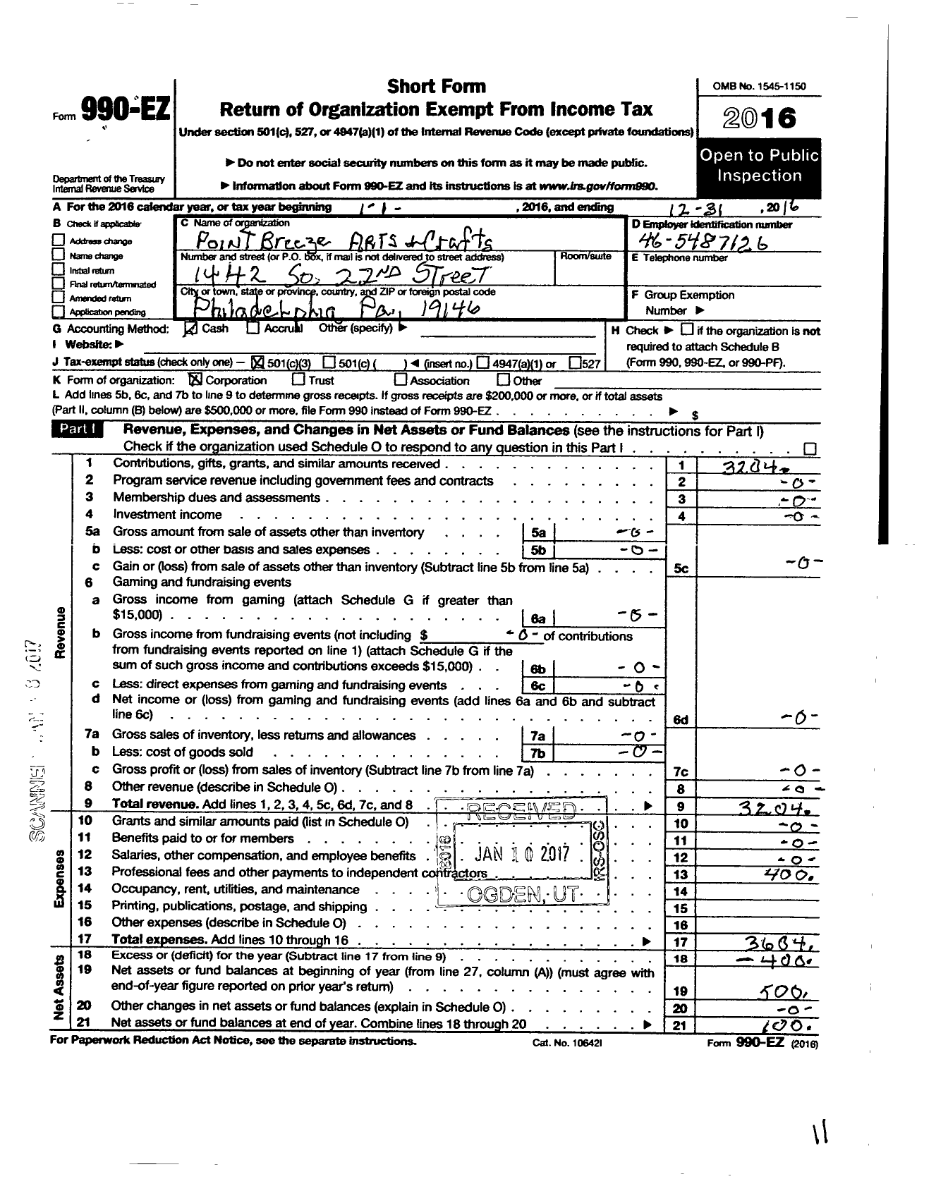 Image of first page of 2016 Form 990EZ for Point Breeze Arts and Crafts