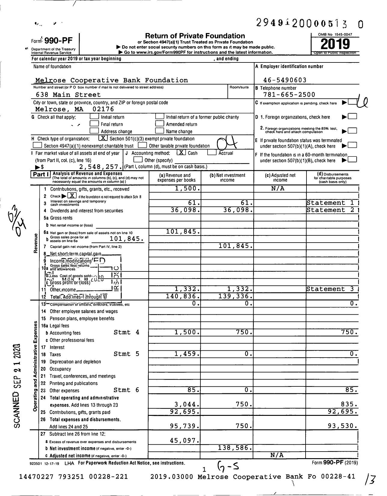 Image of first page of 2019 Form 990PR for Melrose Cooperative Bank Foundation