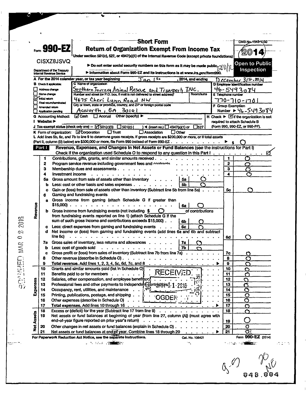 Image of first page of 2014 Form 990EZ for Southern Journey Animal Rescue and Transport