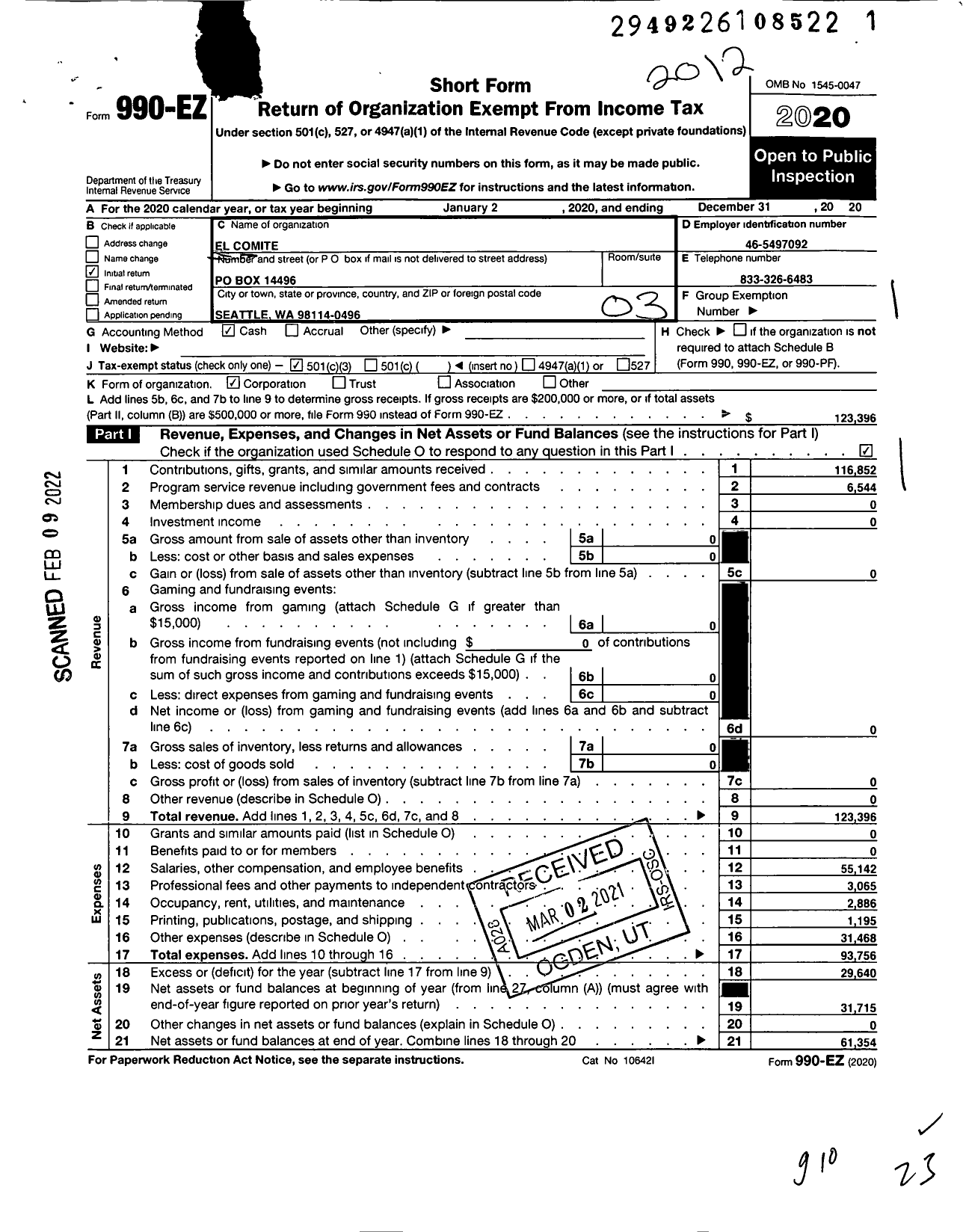 Image of first page of 2020 Form 990EZ for El Comite