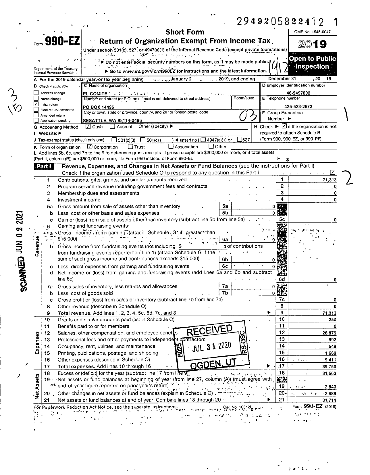 Image of first page of 2019 Form 990EZ for El Comite