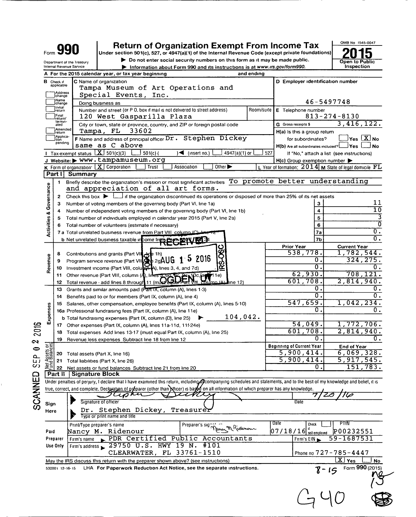 Image of first page of 2015 Form 990 for The Tampa Museum of Art Operations and Special Events