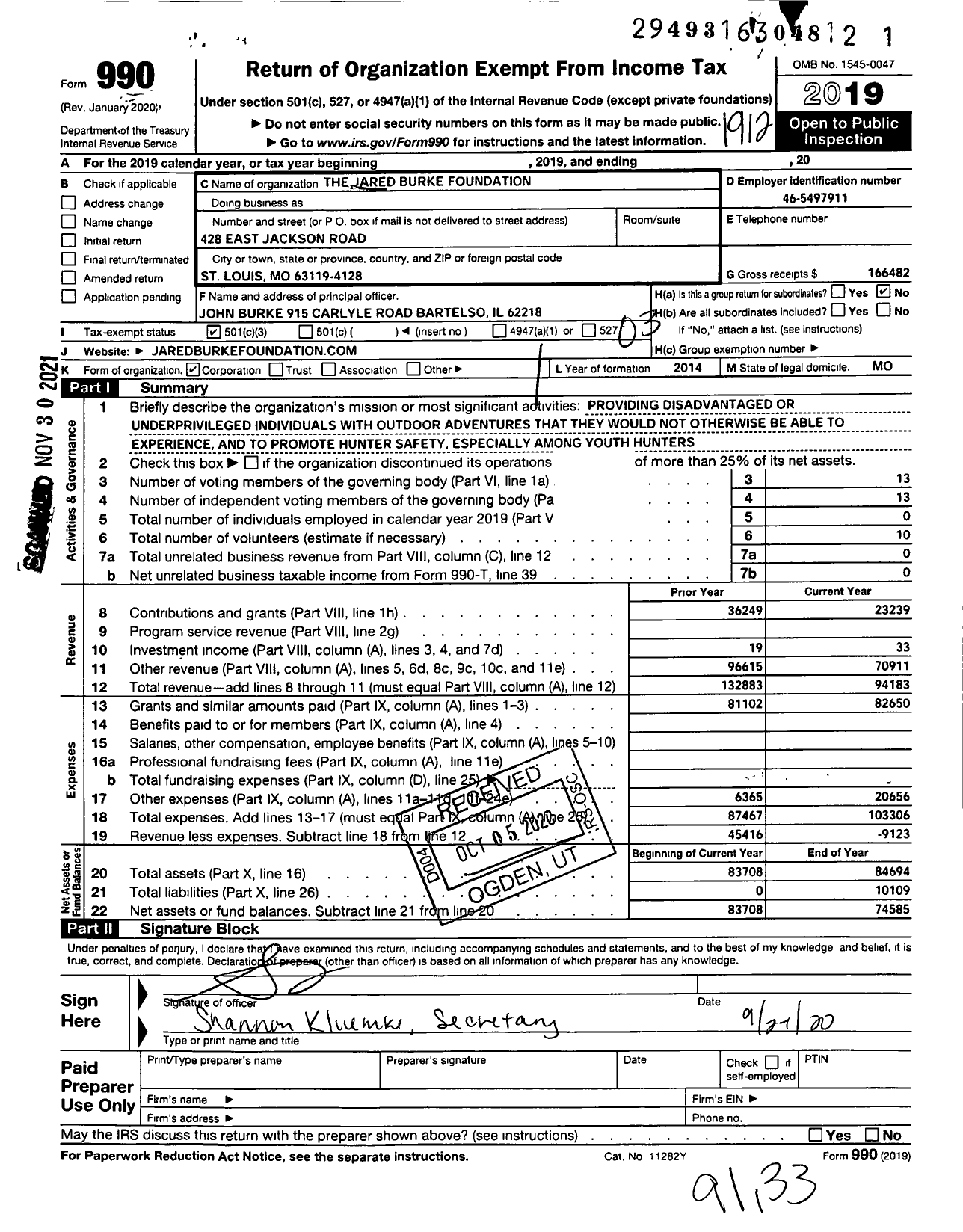 Image of first page of 2019 Form 990 for Jared Burke Foundation