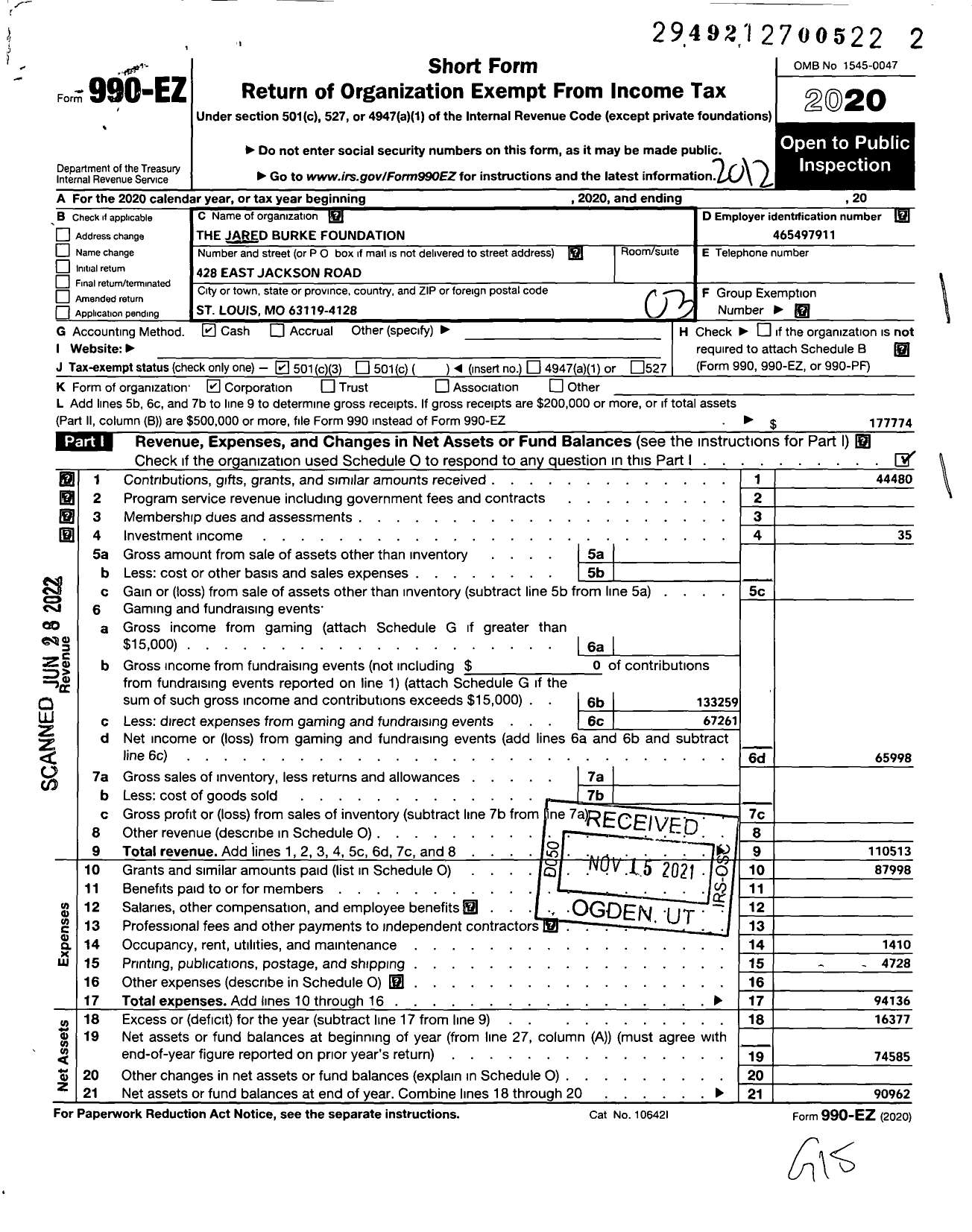 Image of first page of 2020 Form 990EZ for Jared Burke Foundation