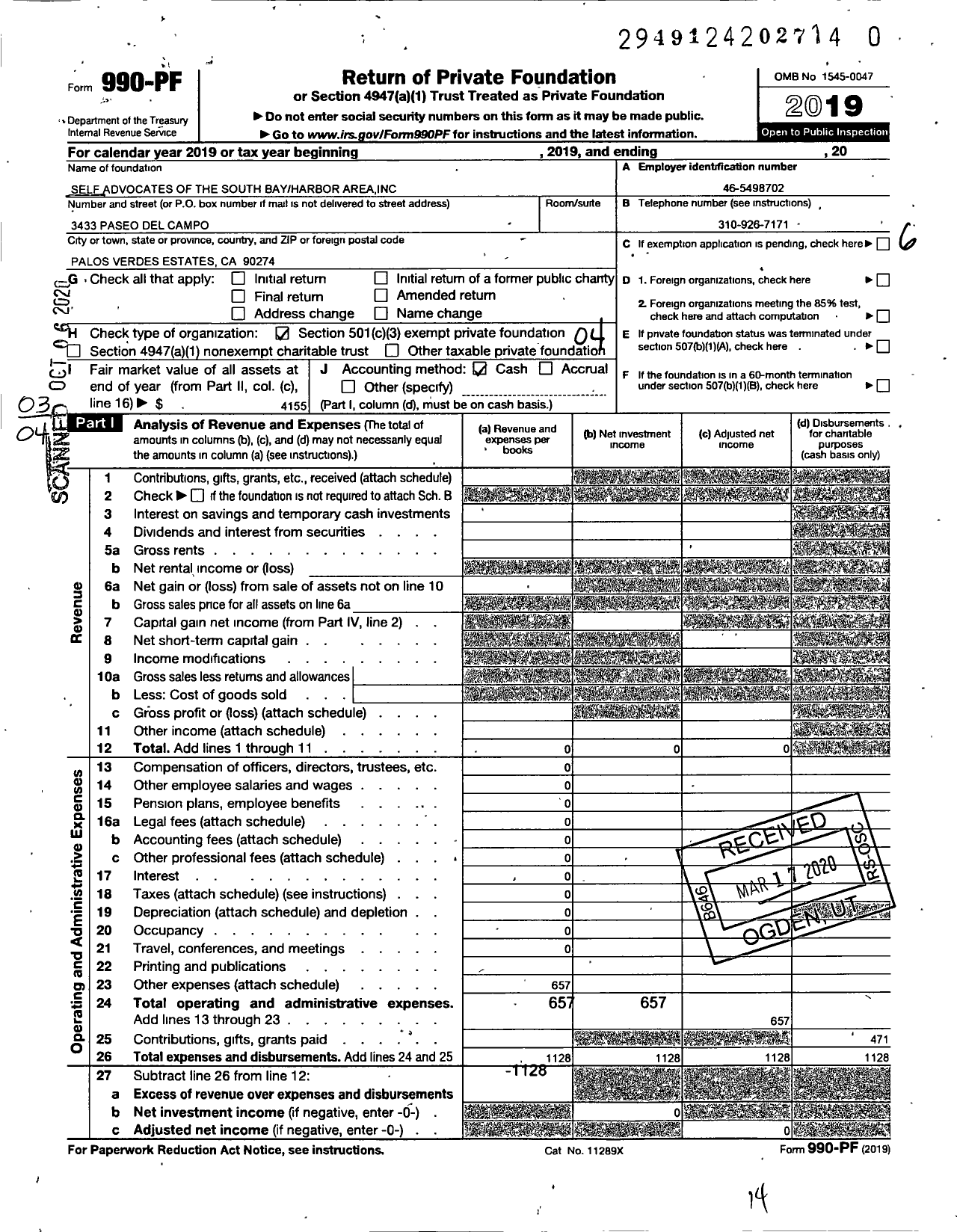 Image of first page of 2019 Form 990PR for Self Advocates of the South Bay Harbor Area