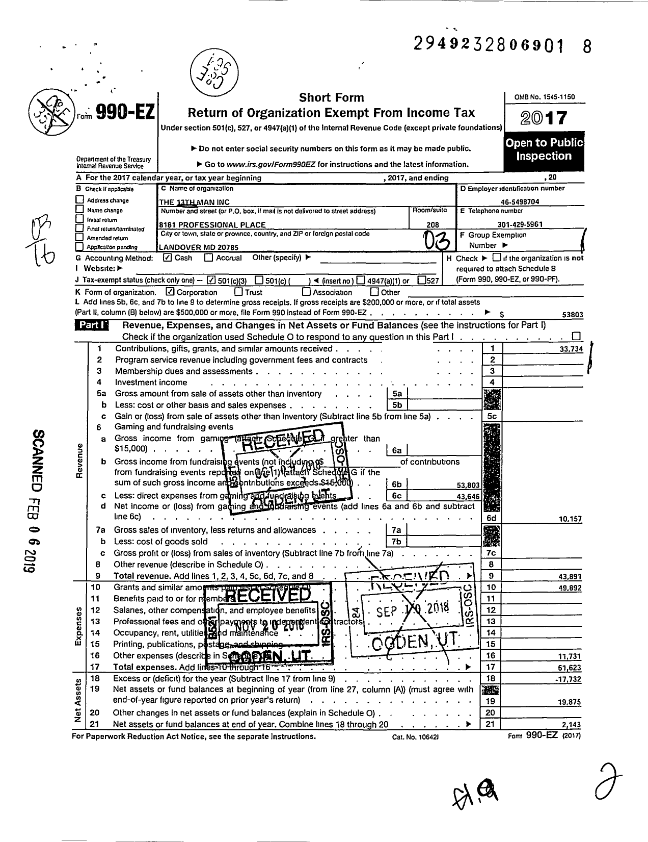 Image of first page of 2017 Form 990EZ for The 13th Man