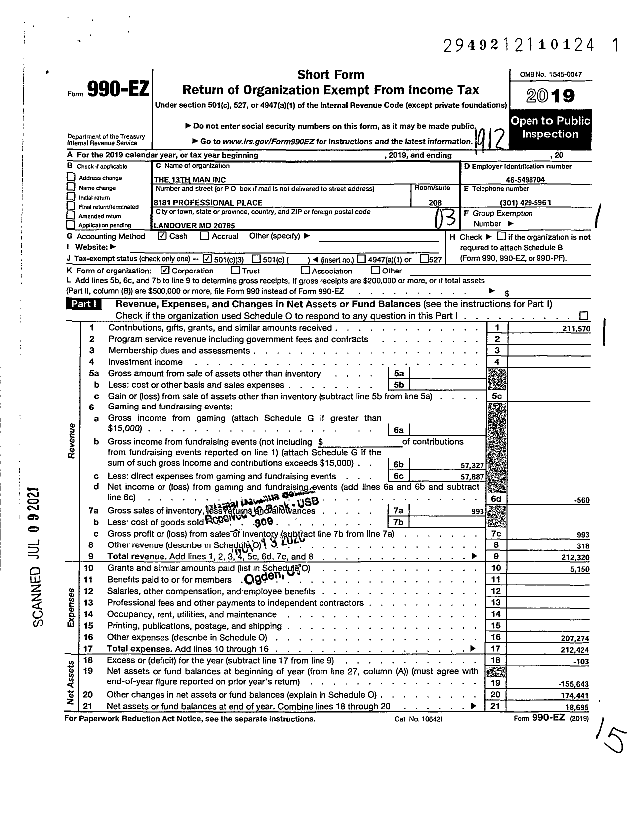 Image of first page of 2019 Form 990EZ for The 13th Man