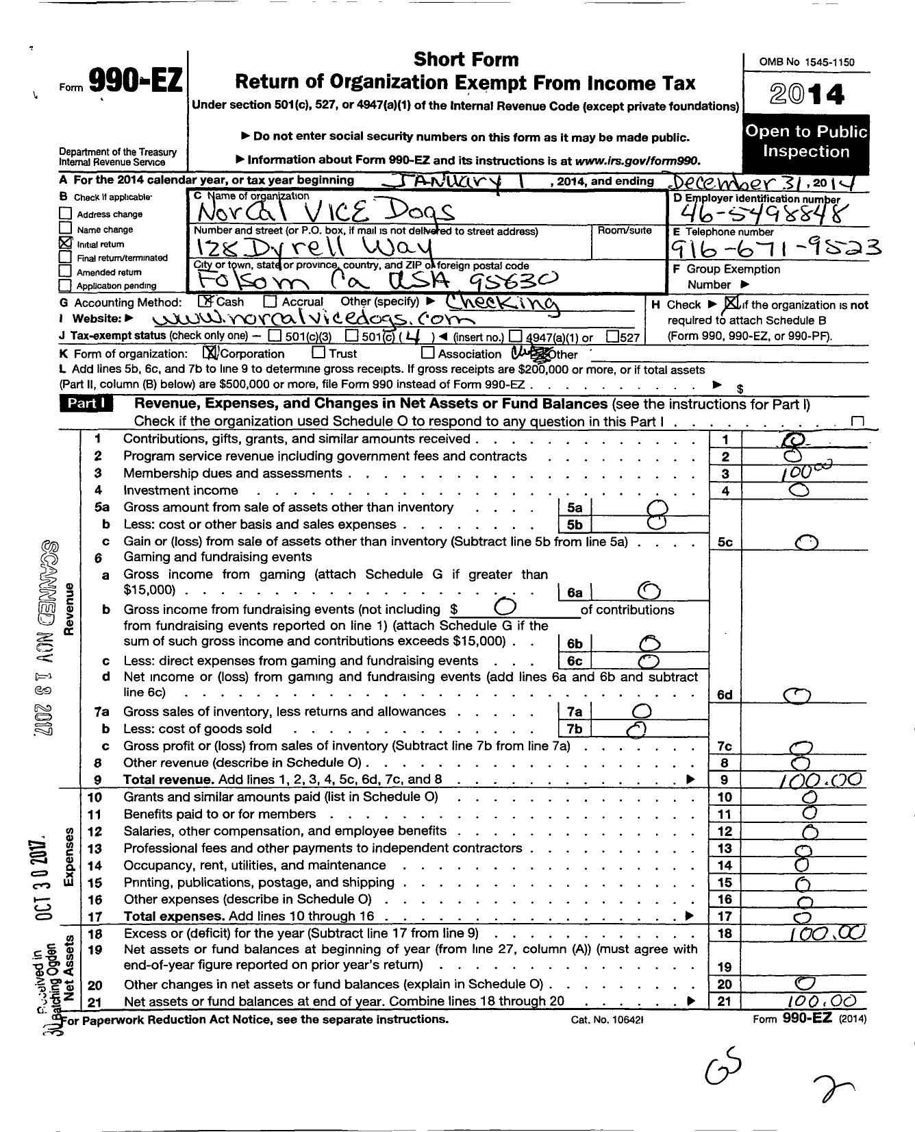 Image of first page of 2014 Form 990EO for Norcal Vice Dogs