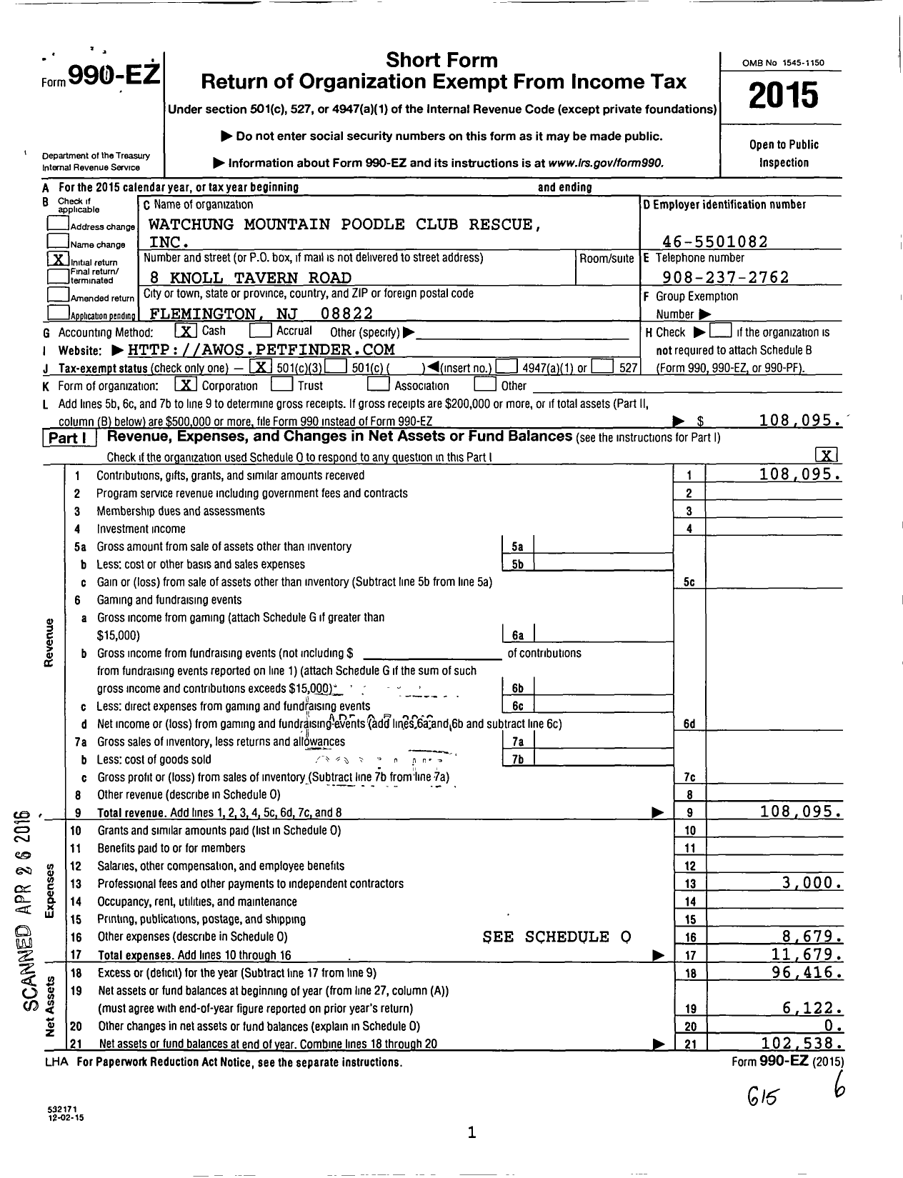 Image of first page of 2015 Form 990EZ for Watchung Mountain Poodle Club Rescue