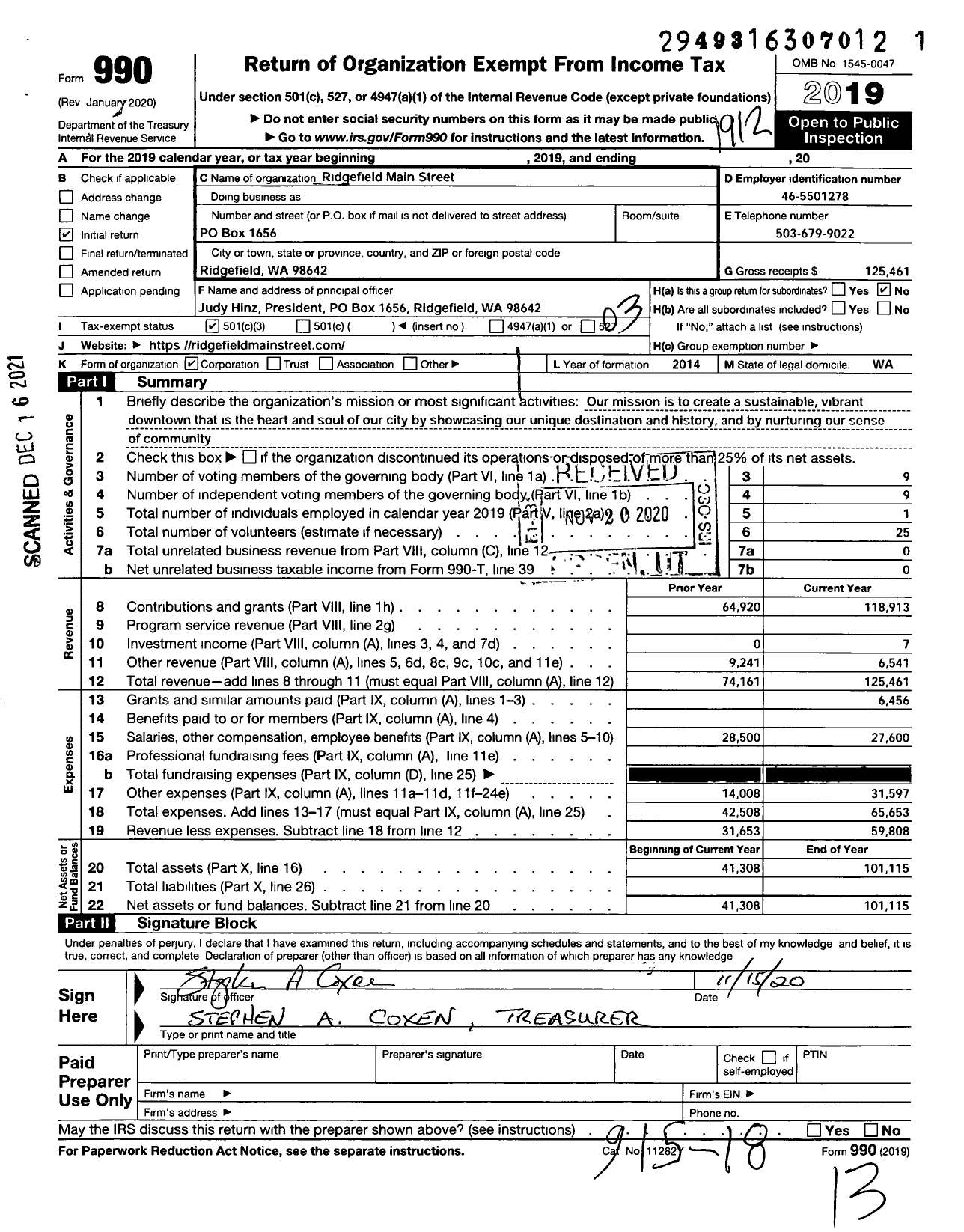 Image of first page of 2019 Form 990 for Ridgefield Main Street