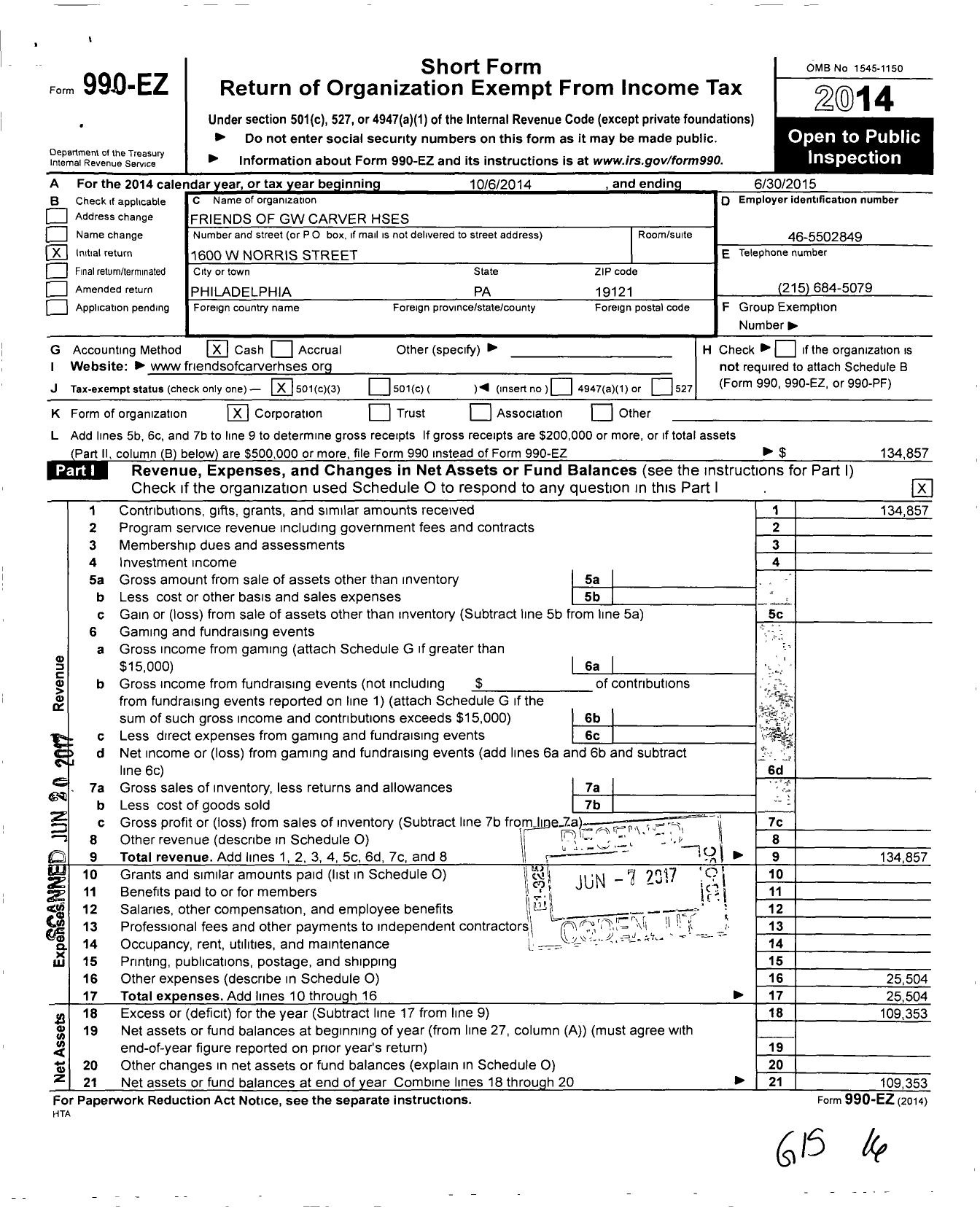 Image of first page of 2014 Form 990EZ for Friends of GW Carver Hses