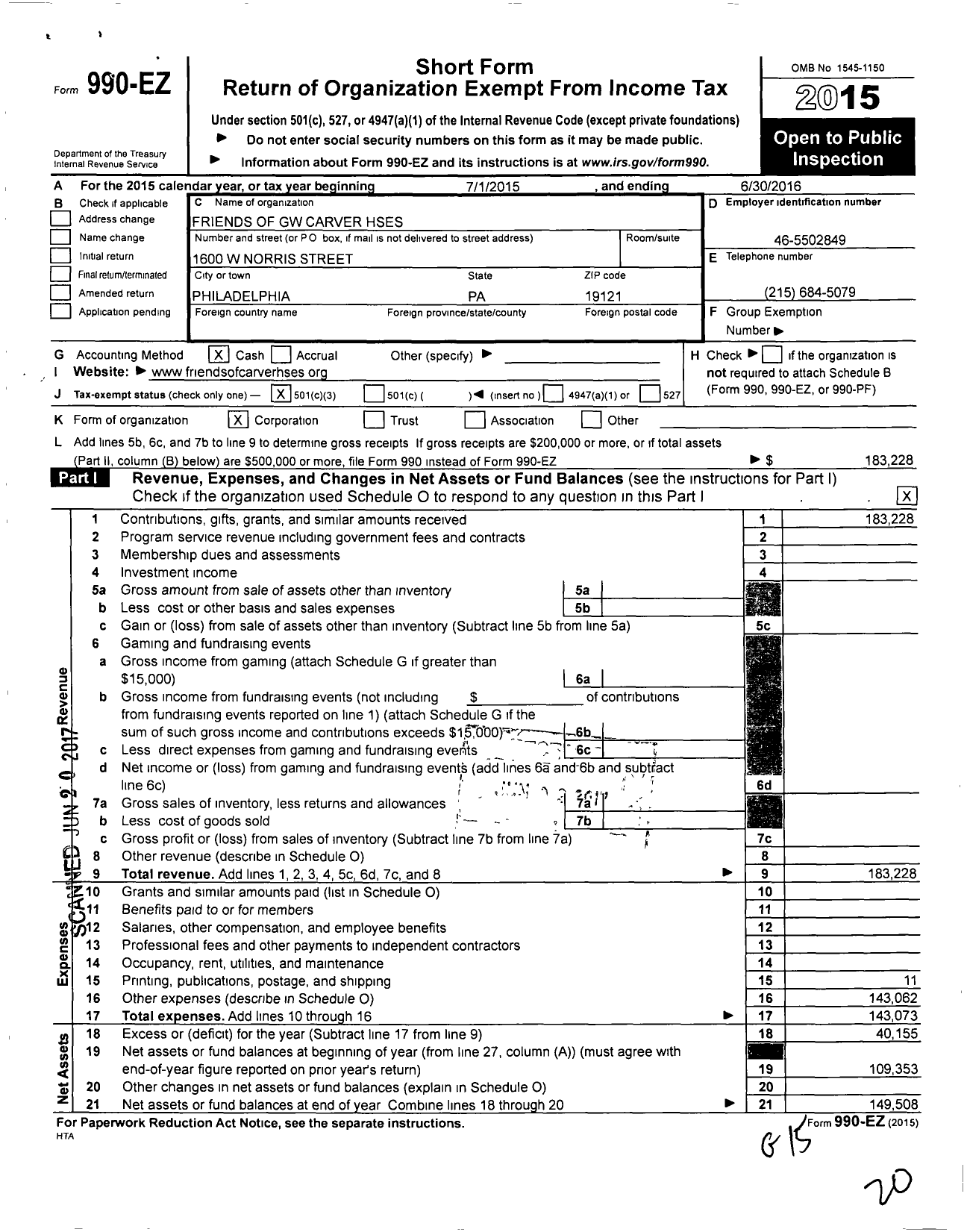 Image of first page of 2015 Form 990EZ for Friends of GW Carver Hses