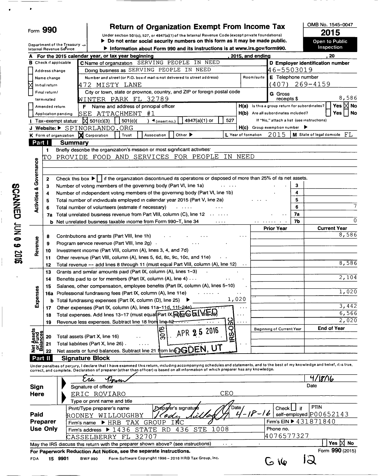 Image of first page of 2015 Form 990 for Serving People In Need