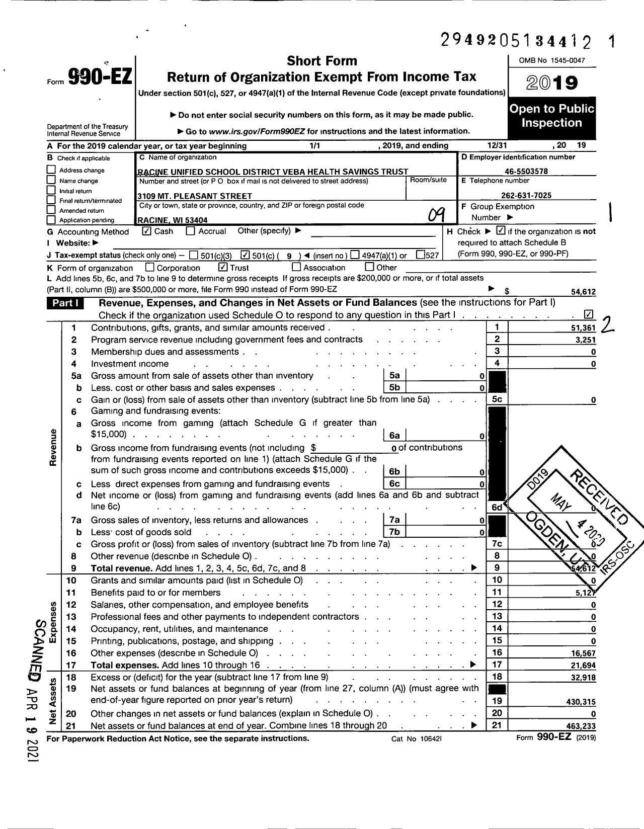 Image of first page of 2019 Form 990EO for Racine Unified School District Veba Health Savings Trust