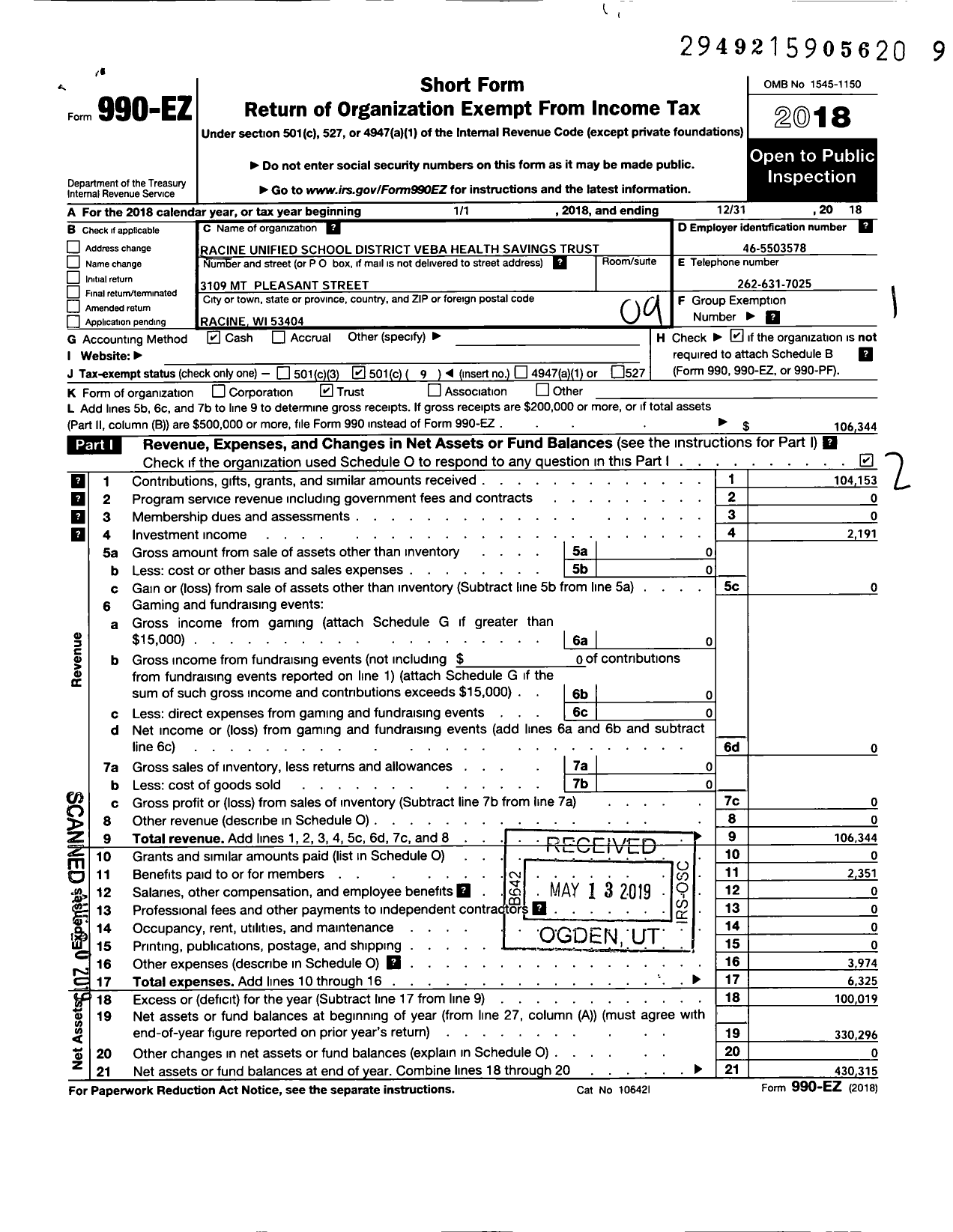 Image of first page of 2018 Form 990EO for Racine Unified School District Veba Health Savings Trust