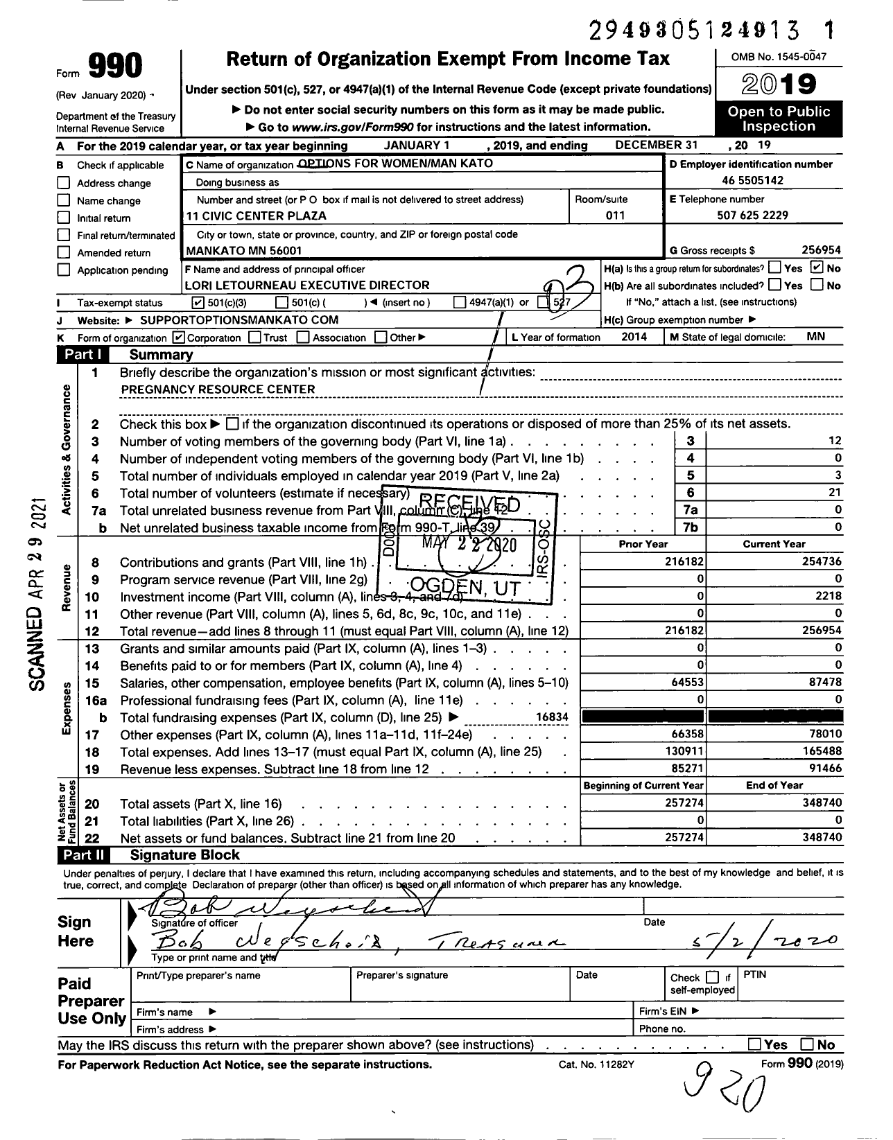 Image of first page of 2019 Form 990 for Options Mankato