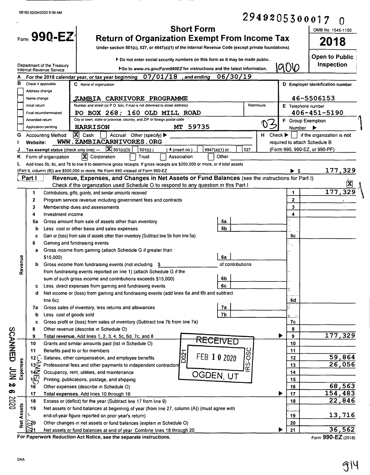 Image of first page of 2018 Form 990EZ for Zambia Carnivore Programme