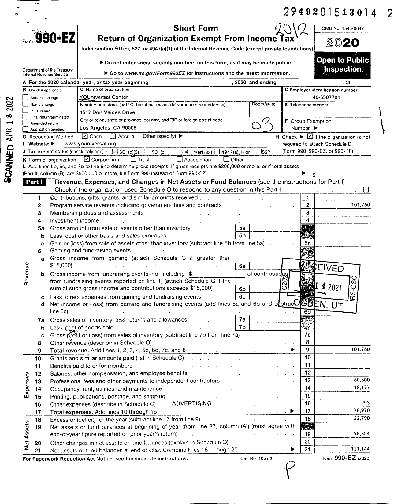 Image of first page of 2020 Form 990EZ for Youniversal Center