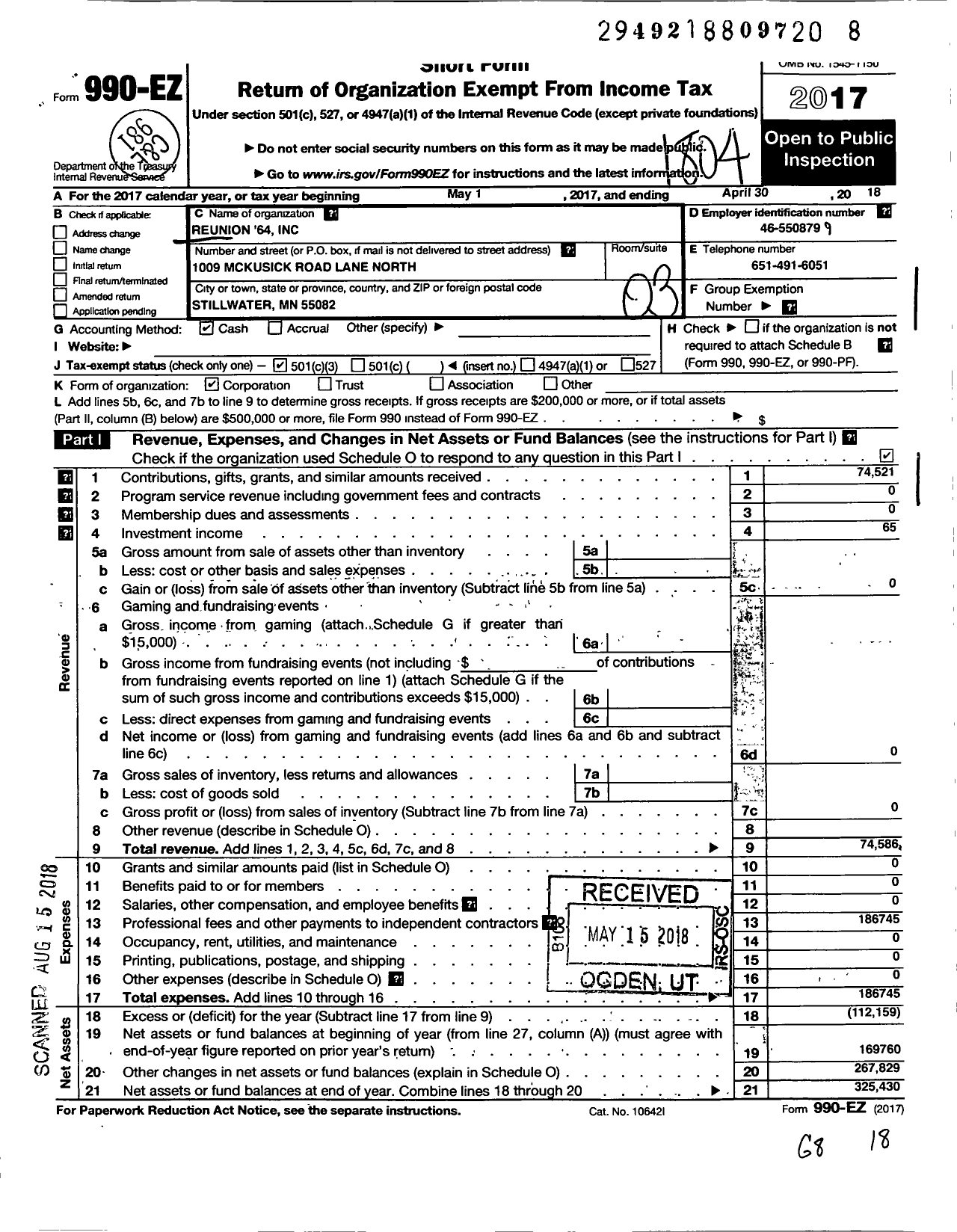 Image of first page of 2017 Form 990EZ for Reunion '64