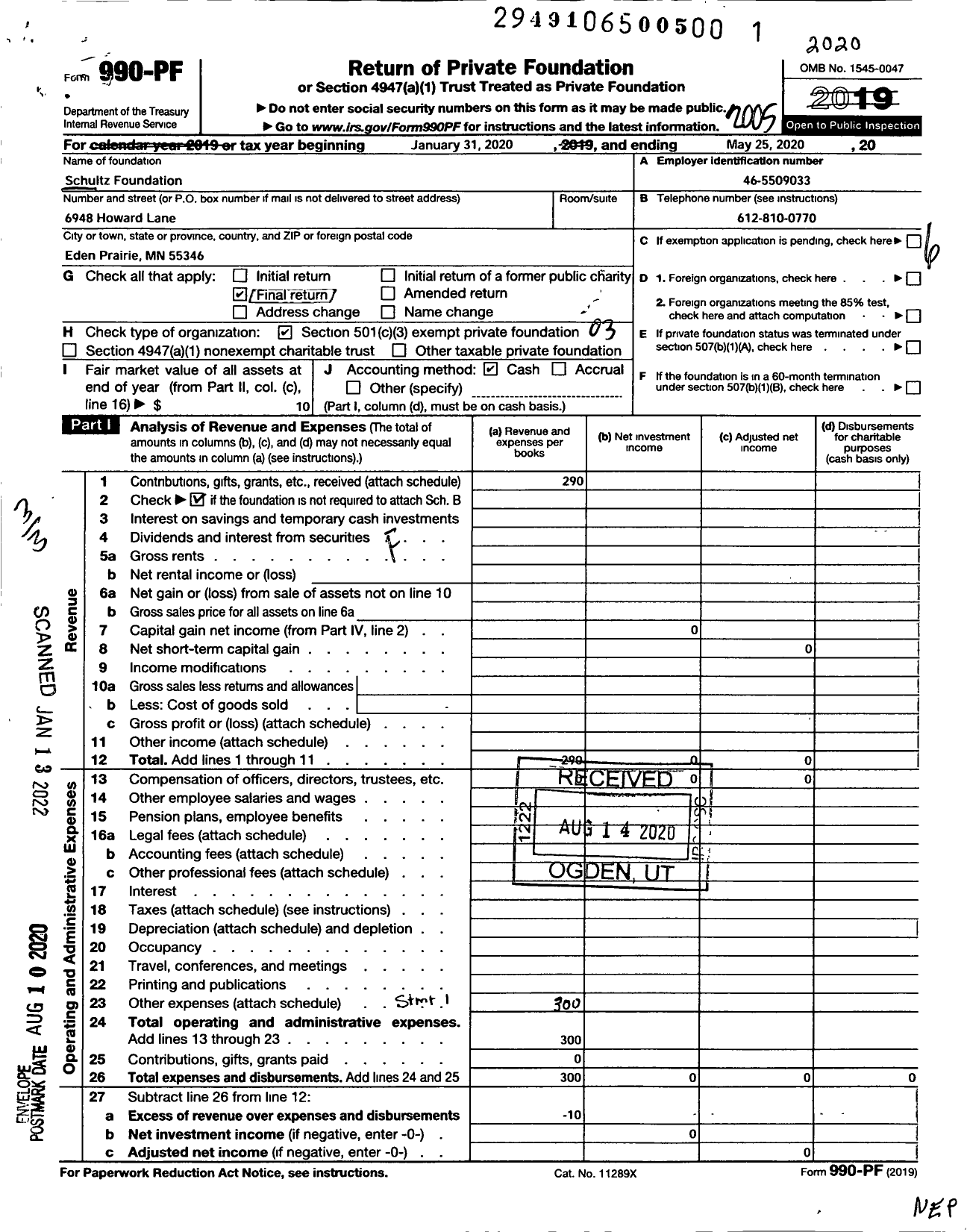 Image of first page of 2019 Form 990PF for Schultz Foundation