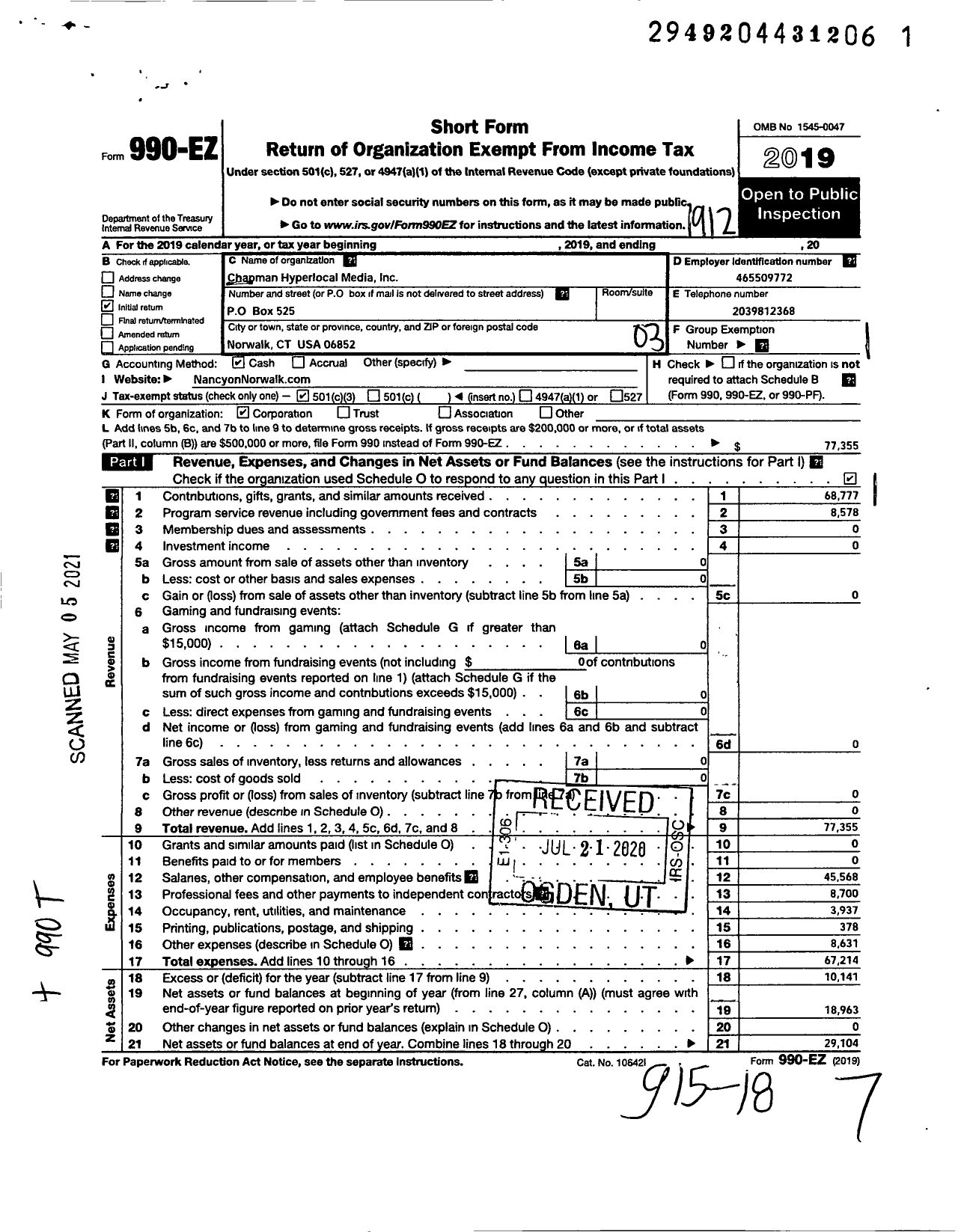 Image of first page of 2019 Form 990EZ for Chapman Hyperlocal Media Inc Nancy on Nancyonnorwalk