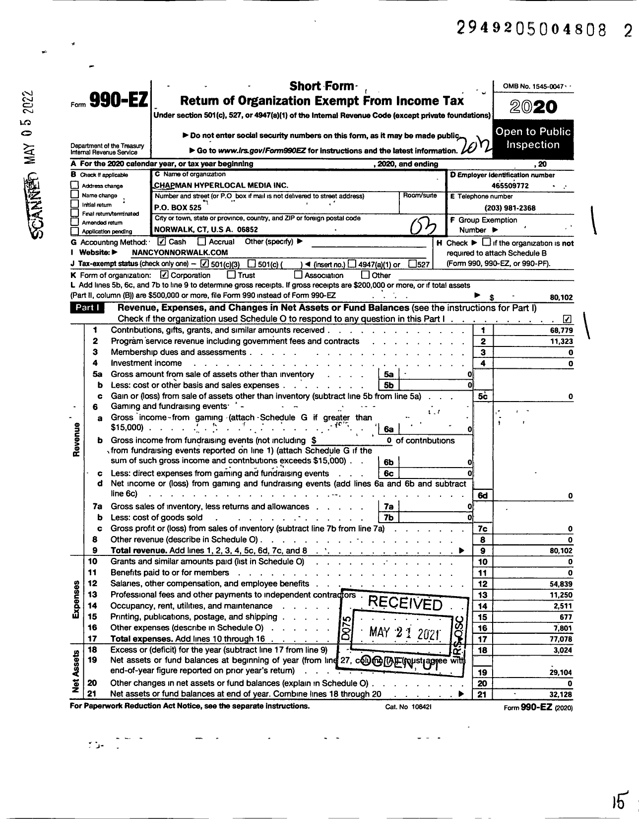 Image of first page of 2020 Form 990EZ for Chapman Hyperlocal Media Inc Nancy on Nancyonnorwalk