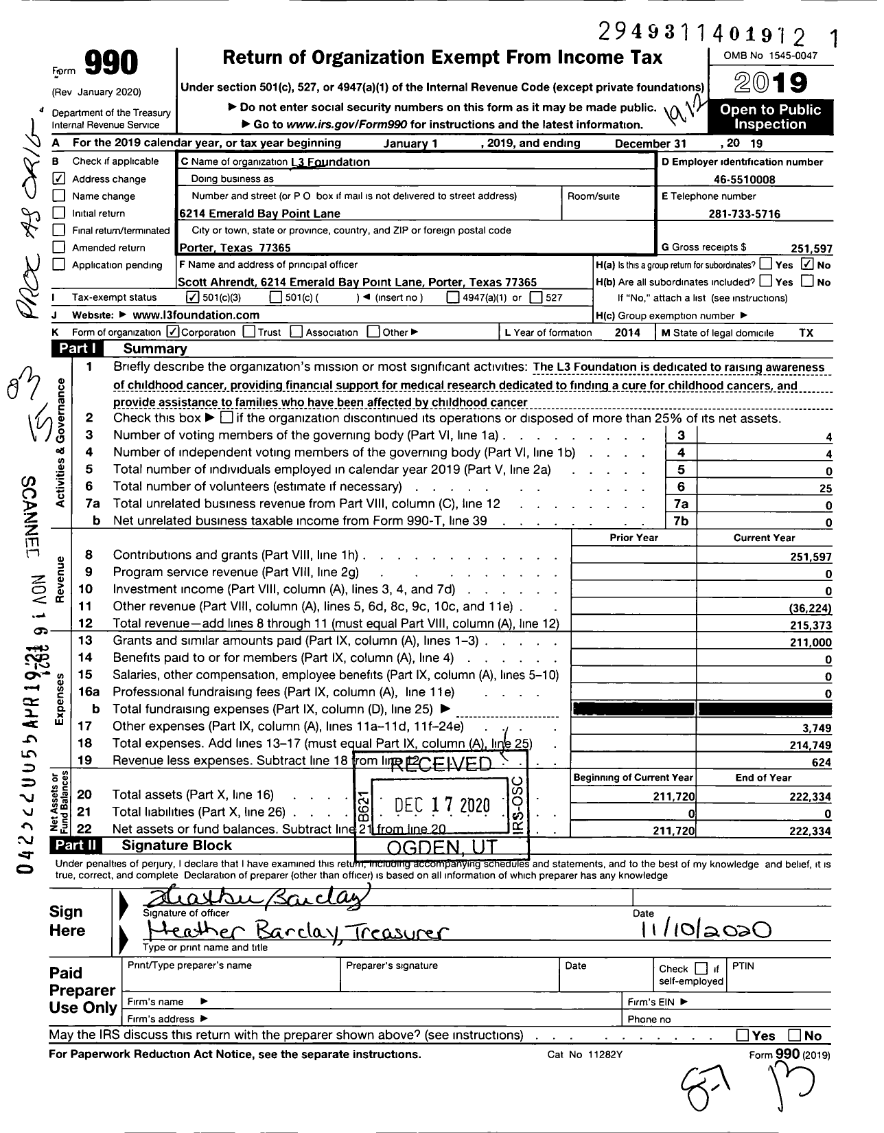 Image of first page of 2019 Form 990 for L3 Foundation