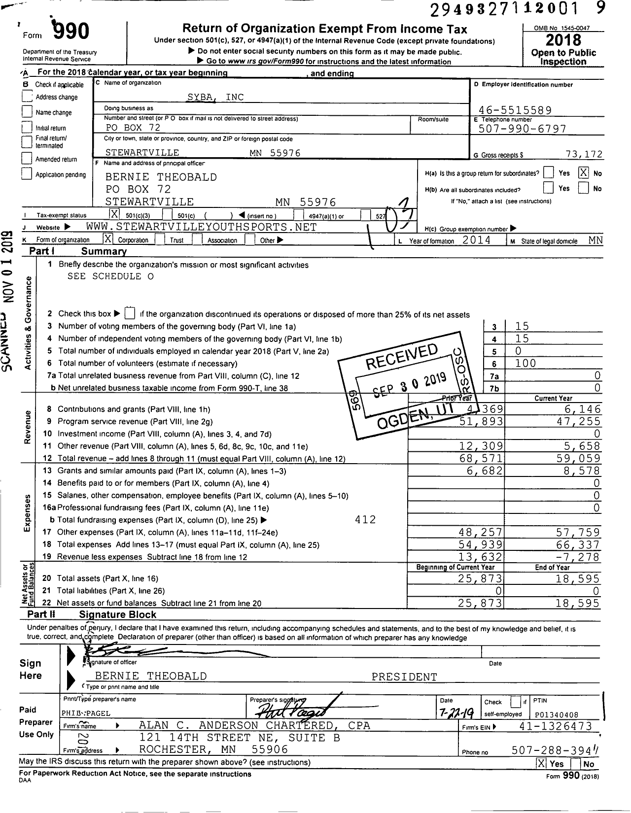 Image of first page of 2018 Form 990 for Syba