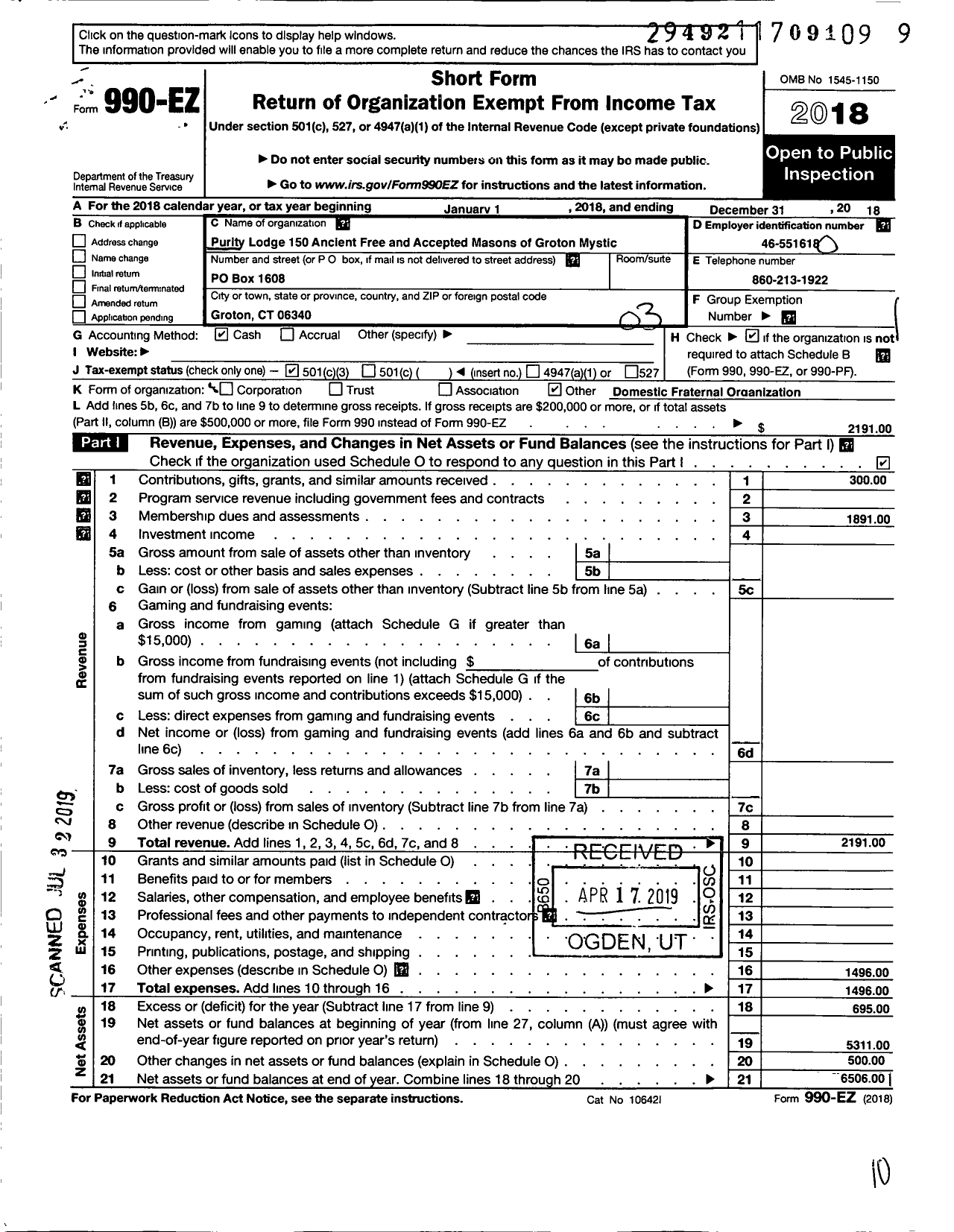 Image of first page of 2018 Form 990EZ for Purity Lodge 150 Ancient Free and Accepted Masons of Groton Mystic