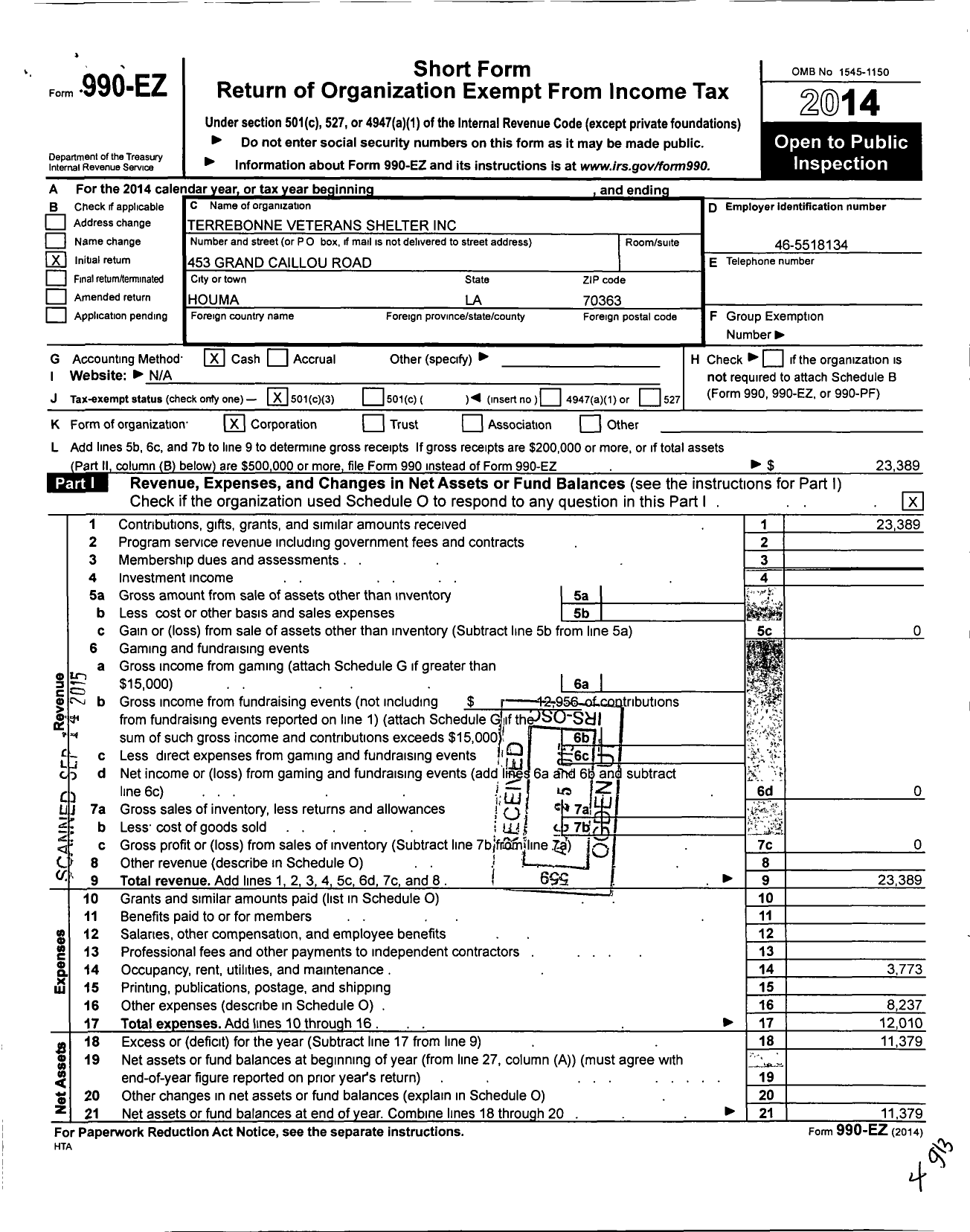 Image of first page of 2014 Form 990EZ for Terrebonne Veterans Shelter