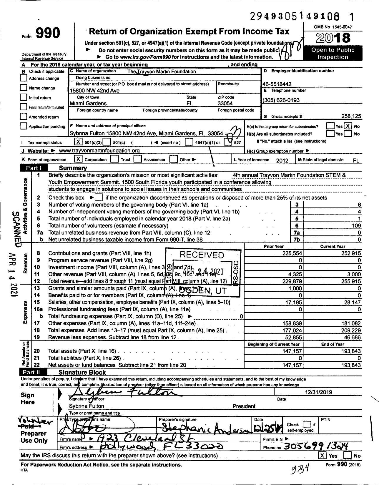 Image of first page of 2018 Form 990 for Trayvon Martin Foundation